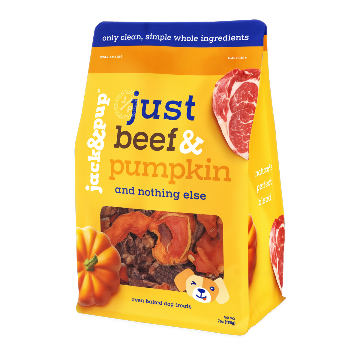 Jack&Pup Just Beef & Pumpkin Dog Treats -- front of bag render