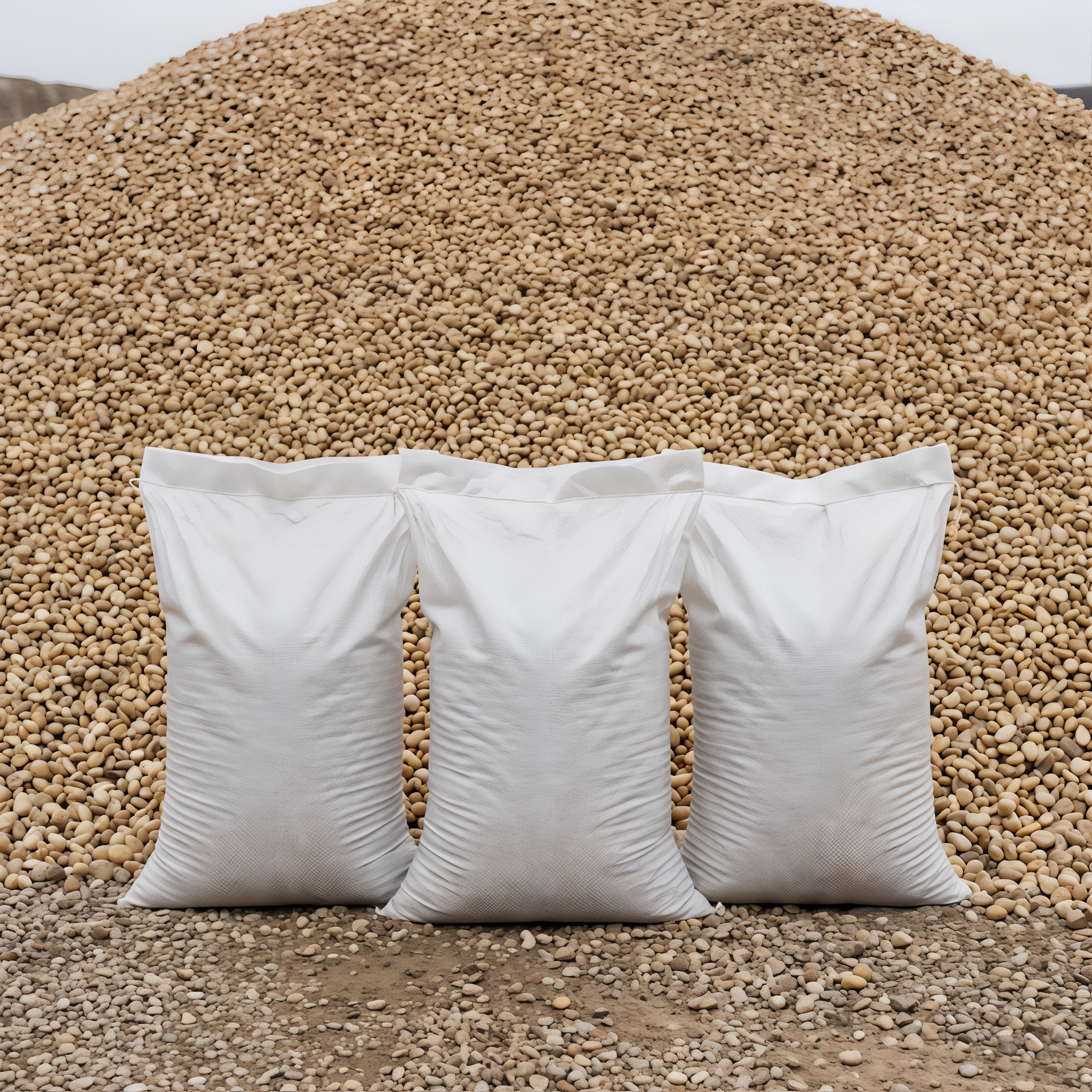 Jersey Yellow Stone in 50 lb bags in front of a stone pile, 3/8 inch size