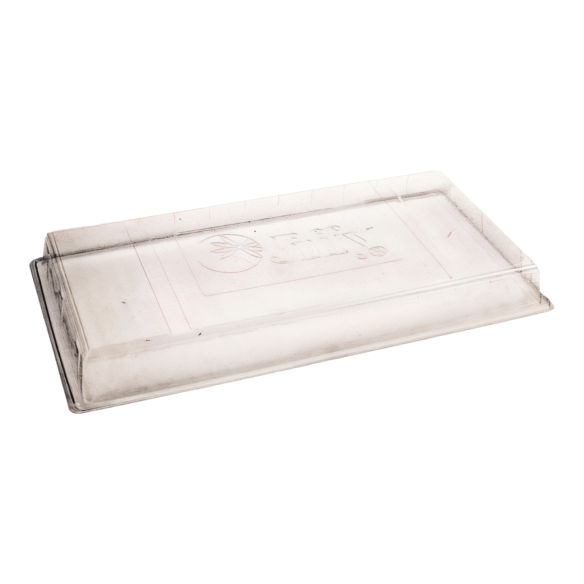 Jiffy Gro-Dome Plant Tray Cover, model TDOME — alternate angled three-quarter view of the clear plastic humidity dome showing the deep skirt that seats around a 1020 seed-starting tray and the faintly embossed Jiffy circular seal logo on top