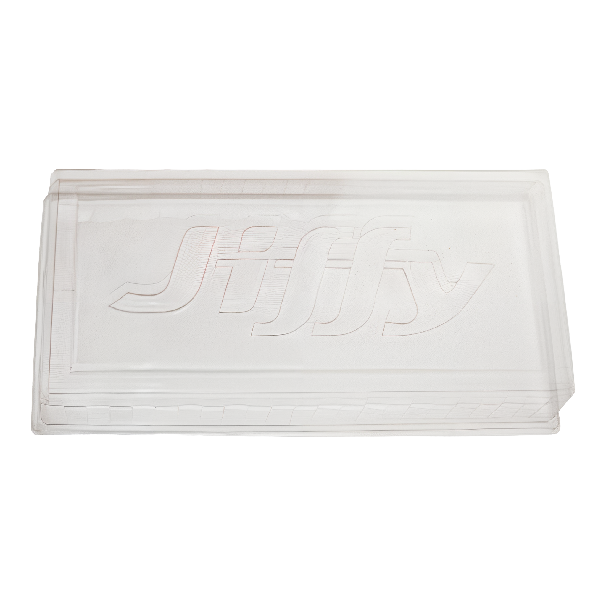 Jiffy Gro-Dome Plant Tray Cover, model TDOME — clear plastic humidity dome with prominent embossed Jiffy script logo, 11 inch by 22 inch footprint to fit standard 1020 seed-starting trays, top-down product view