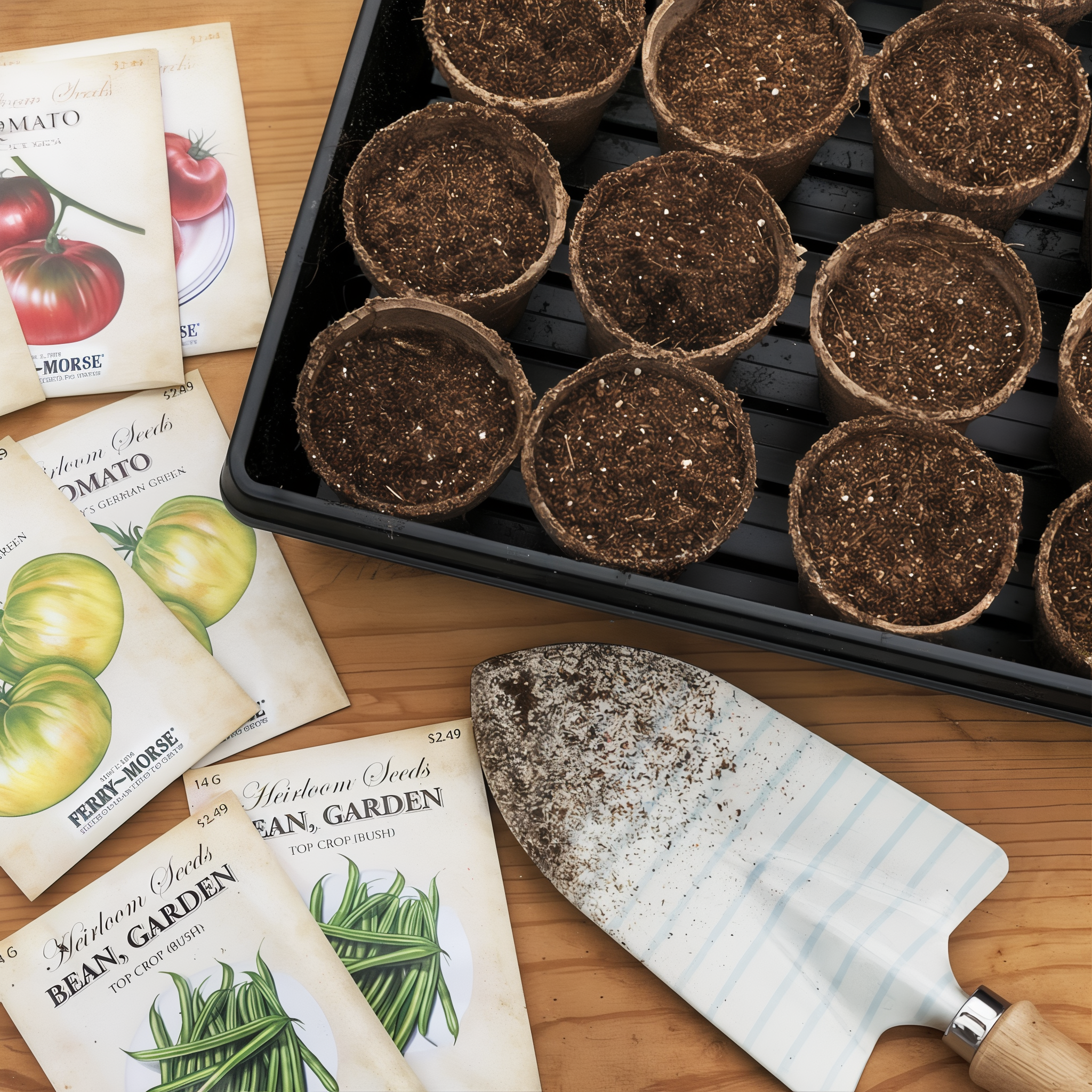 Lifestyle image — Jiffy 1020 plant tray loaded with Jiffy peat pots of seed-starting media next to Ferry-Morse Heirloom Tomato and Bean seed packets and a metal hand trowel on a wood table