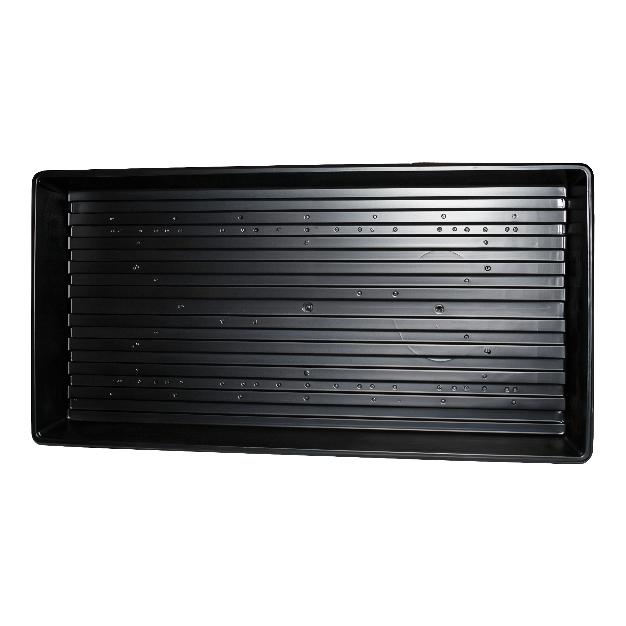 Jiffy Plant Tray, model TTRAY — top-down product shot of the black plastic 11 inch by 22 inch (1020 size) seed-starting tray with ribbed solid-bottom interior and no drain holes