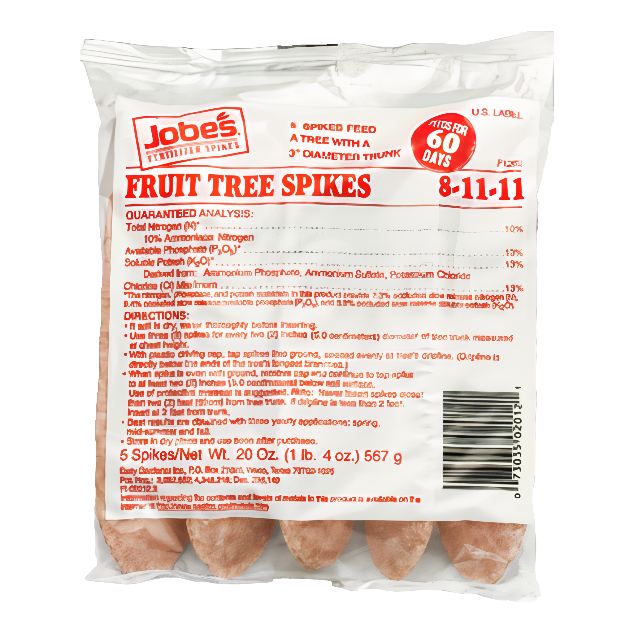 Jobe's Fruit Tree Fertilizer Spikes 8-11-11, clear bag of 5 premeasured slow-release tree and shrub fertilizer spikes, net weight 20 oz, with guaranteed analysis and directions label