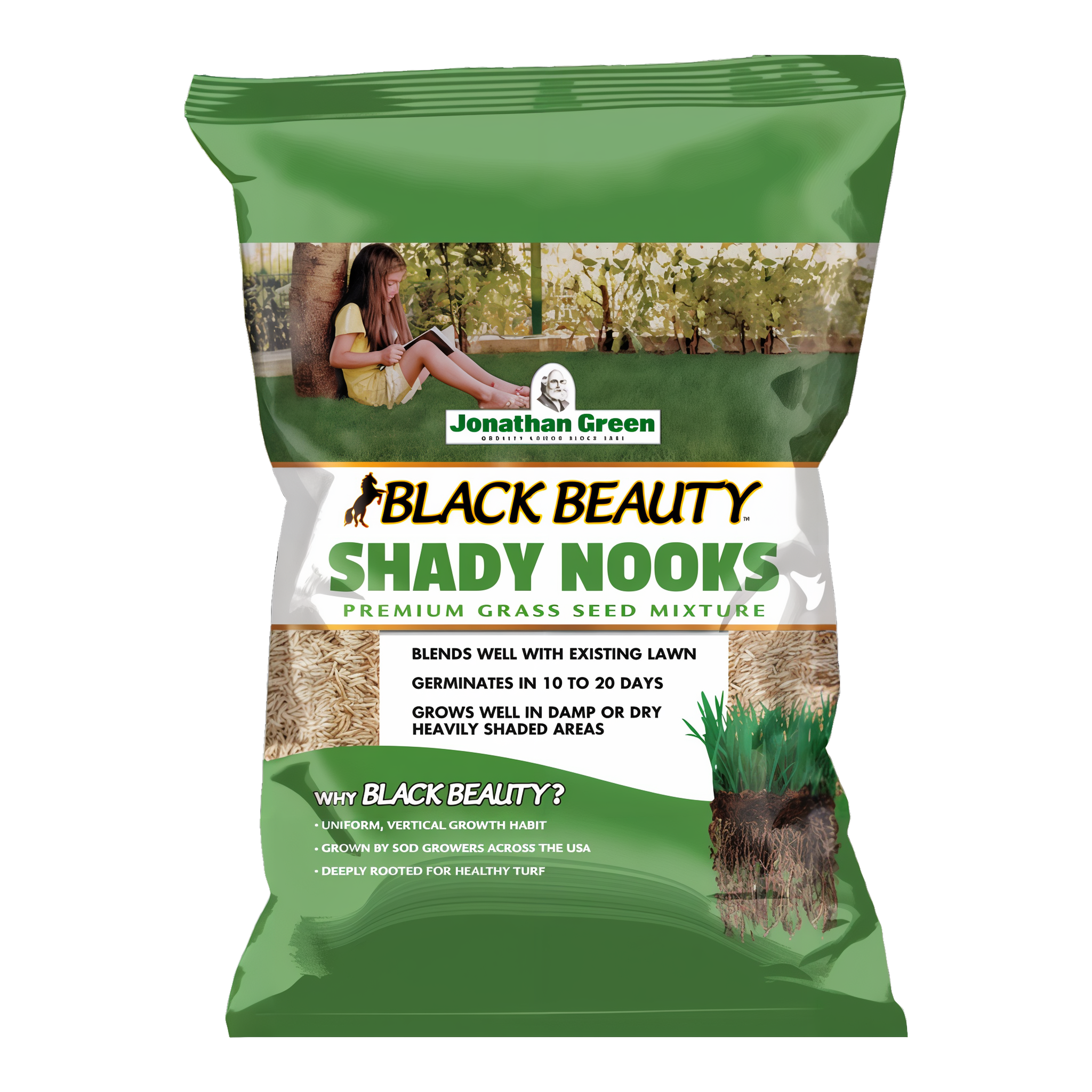 Jonathan Green Black Beauty Shady Nooks Grass Seed front of bag, premium shade-tolerant tall and hard fescue grass seed mixture that grows in damp or dry heavily shaded areas and germinates in 10 to 20 days
