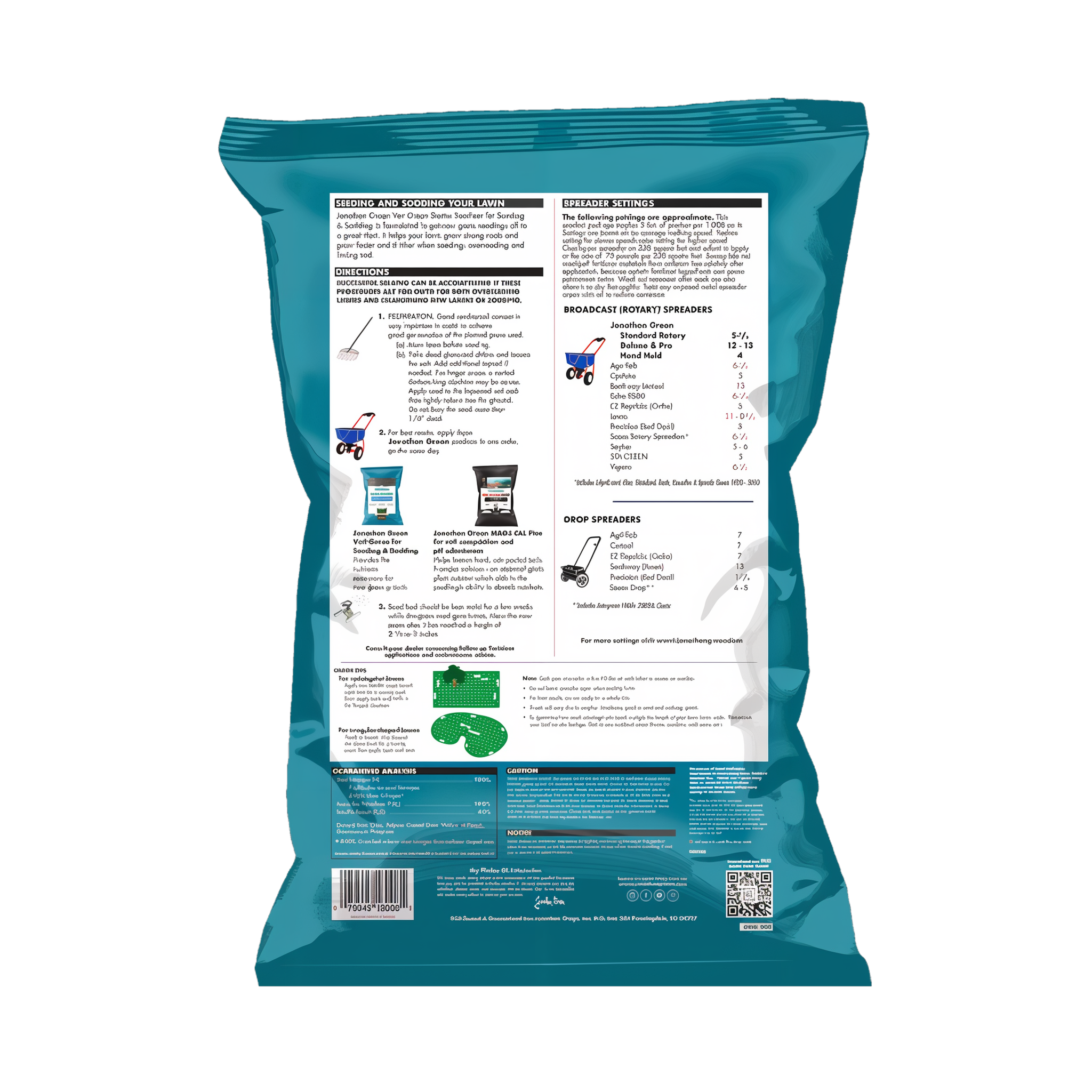 Back label of Jonathan Green Veri-Green Starter Fertilizer for Seeding & Sodding showing guaranteed analysis 12-18-8, application directions, spreader settings, and coverage information