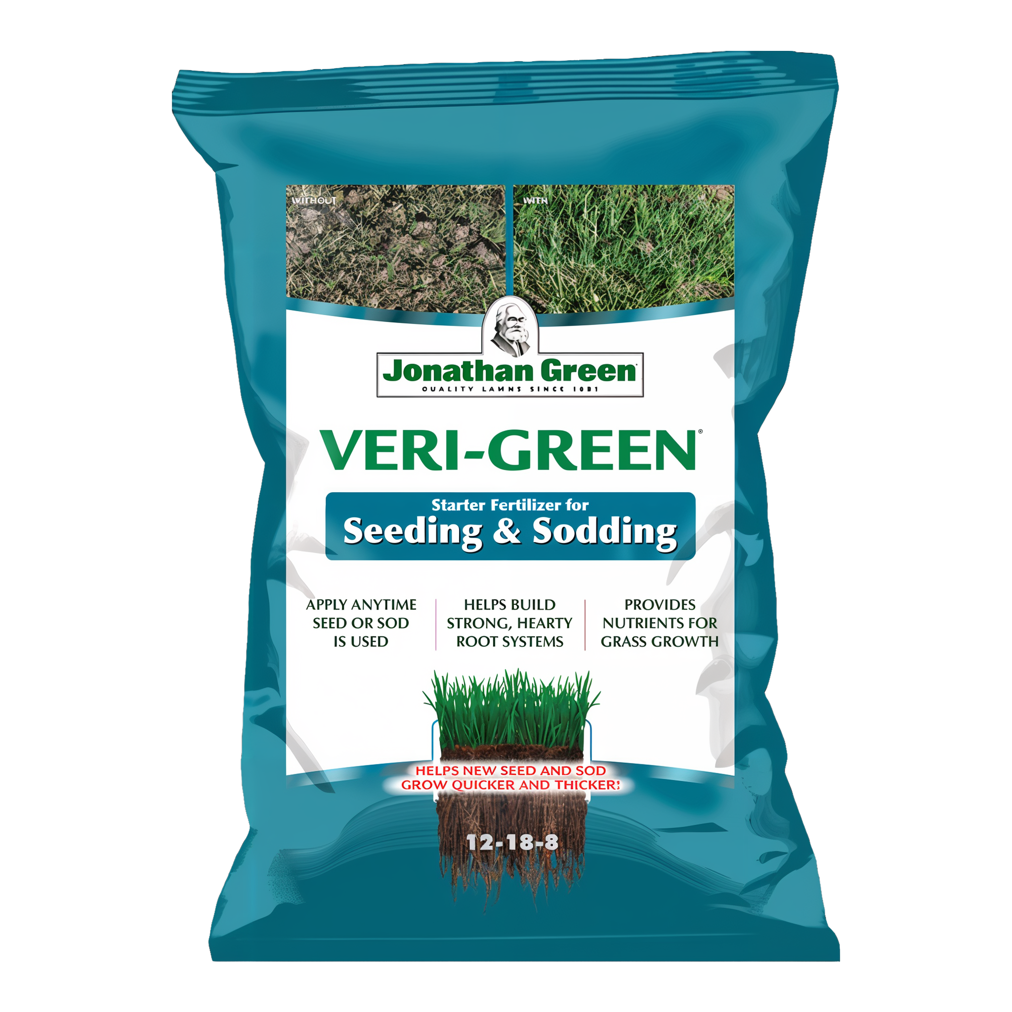 Jonathan Green Veri-Green Starter Fertilizer for Seeding & Sodding front of bag, phosphorus-rich 12-18-8 granular starter fertilizer that helps new seed and sod grow quicker and thicker with strong, hearty root systems