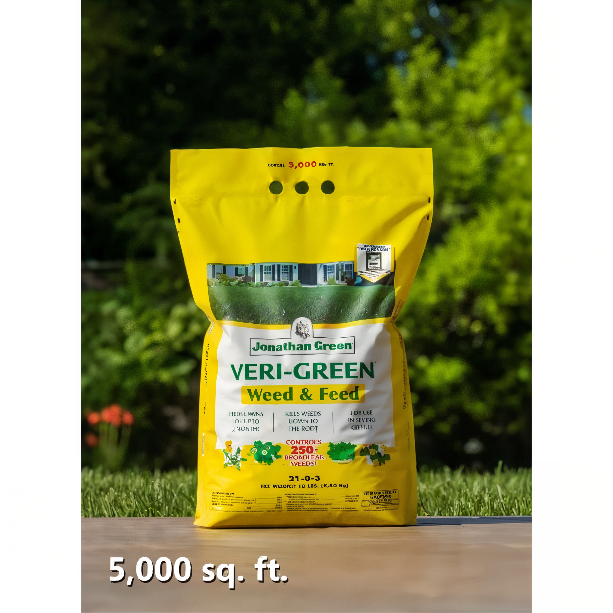 Jonathan Green Veri-Green Weed & Feed 15 lb bag covering 5,000 sq ft on a deck beside a green lawn, 21-0-3 weed and feed that kills weeds to the root and feeds for up to 3 months