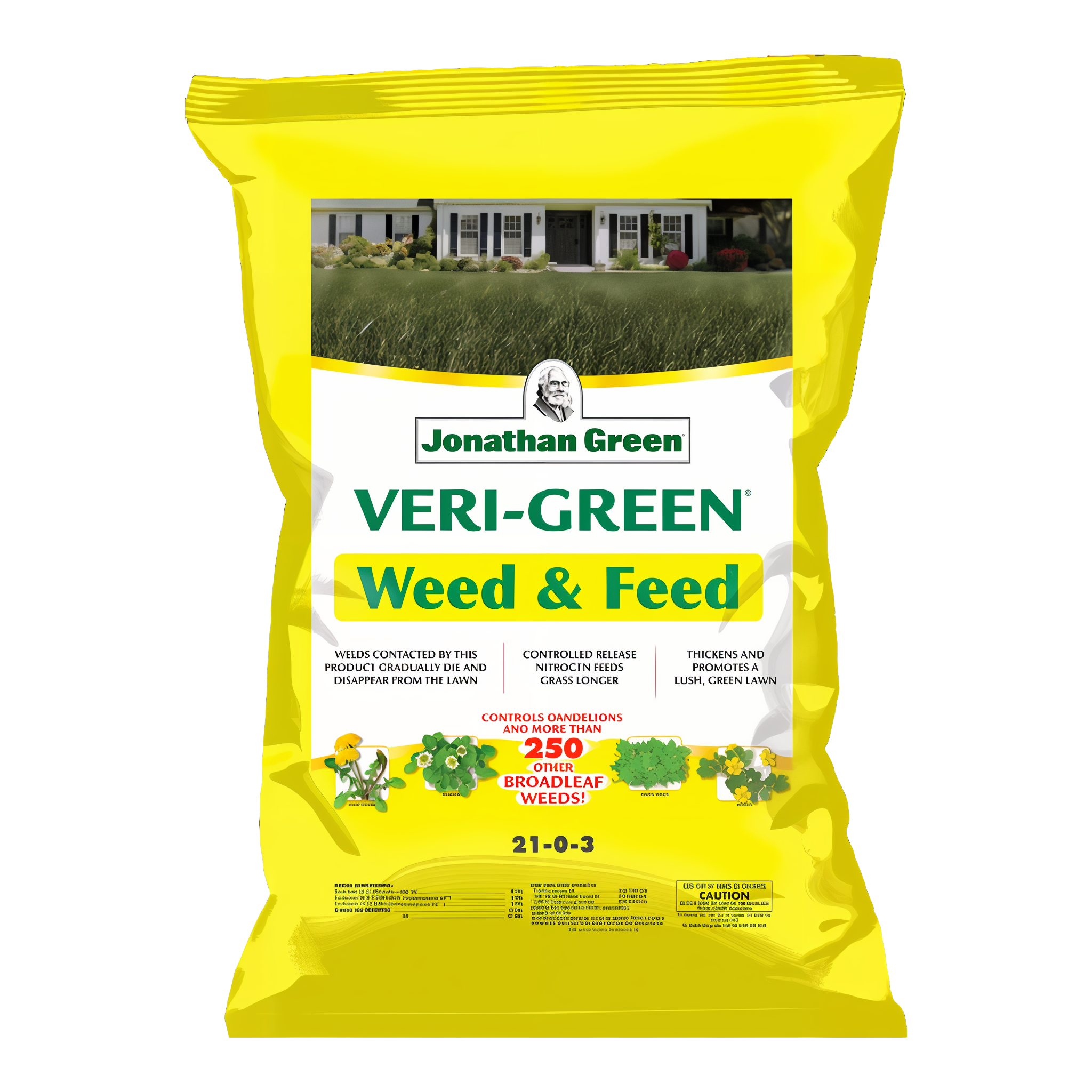 Jonathan Green Veri-Green Weed & Feed Lawn Fertilizer front of yellow bag, 2-in-1 21-0-3 granular weed killer and lawn food that controls dandelions and more than 250 other broadleaf weeds