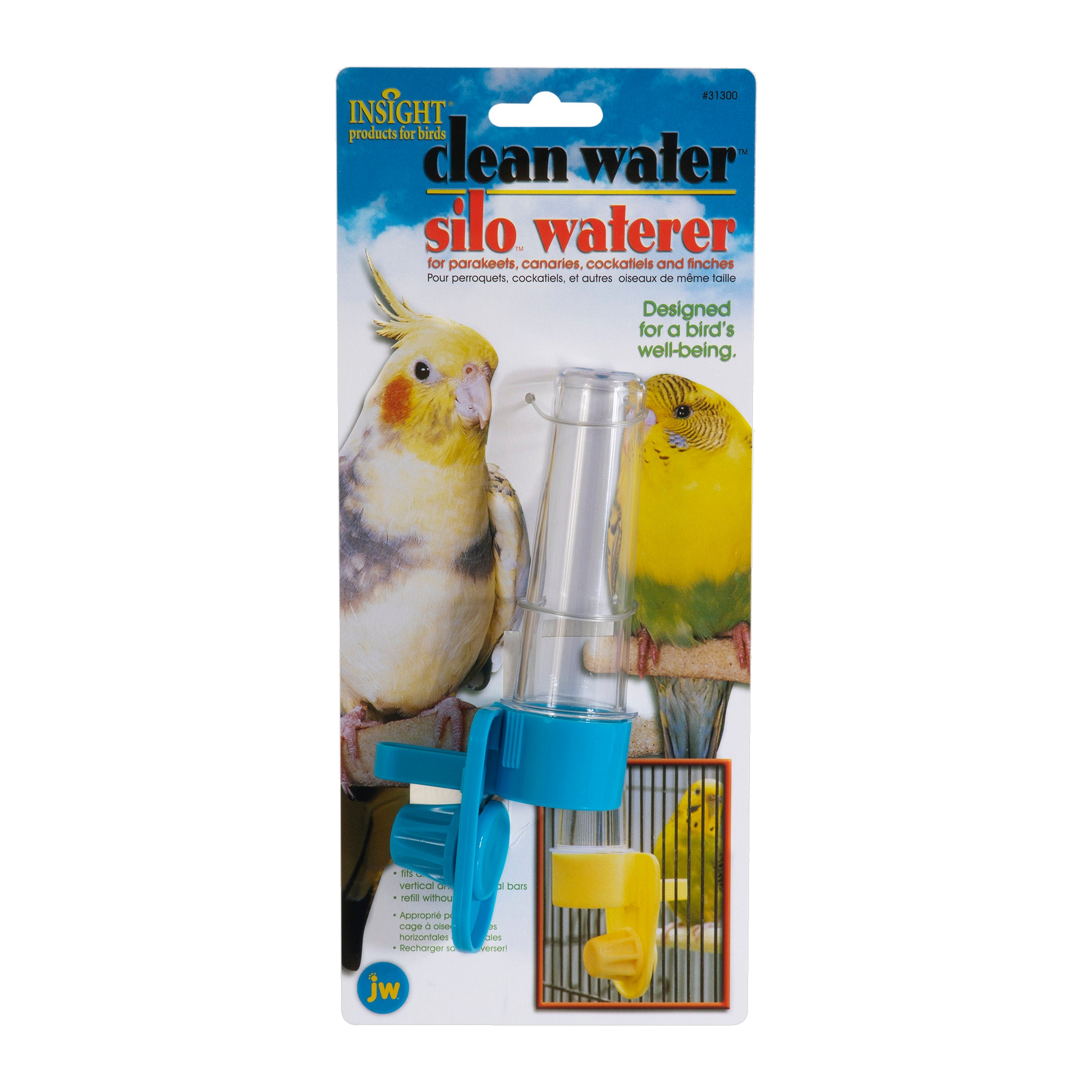 JW Clean Water Silo Bird Waterer Small in retail packaging, blue