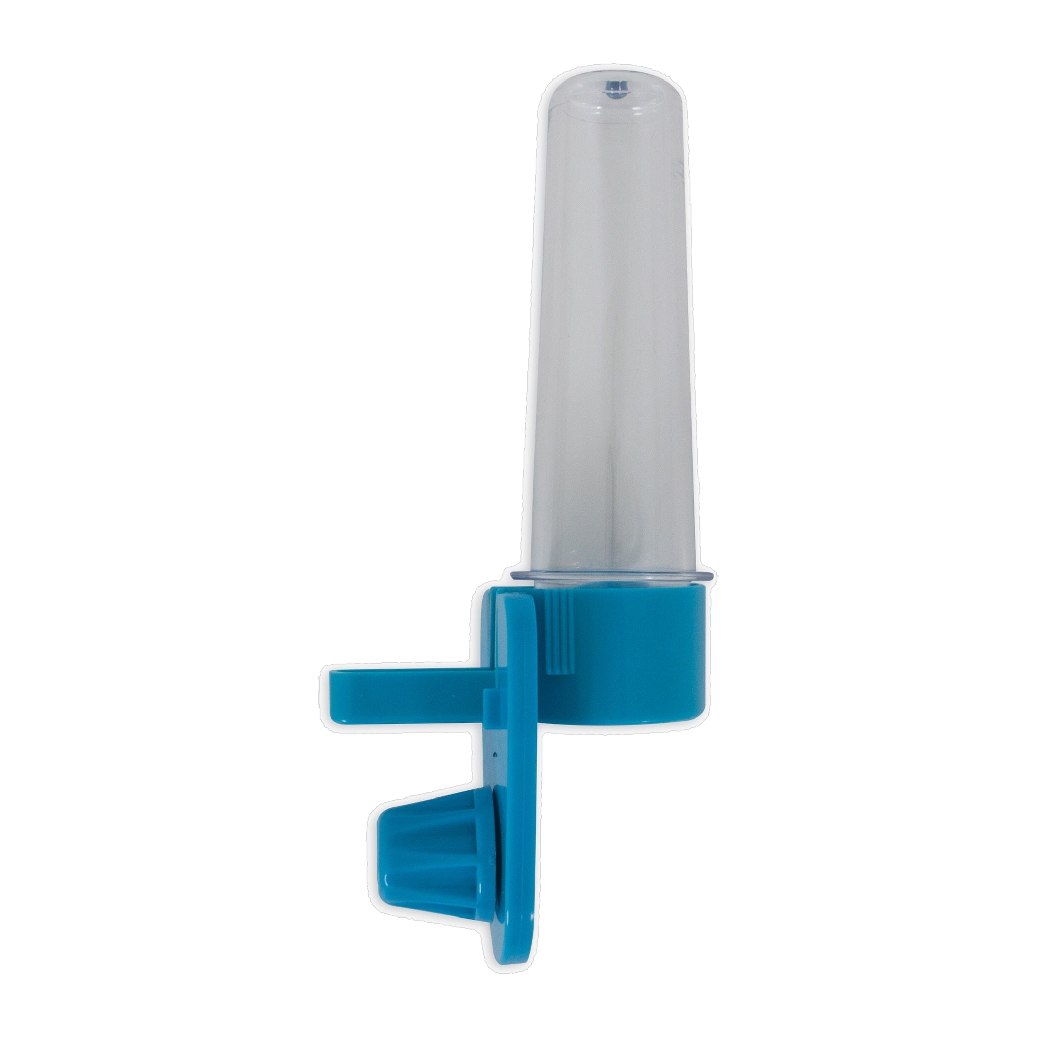 JW Clean Water Silo Bird Waterer Small with clear silo, blue base and drinking cup