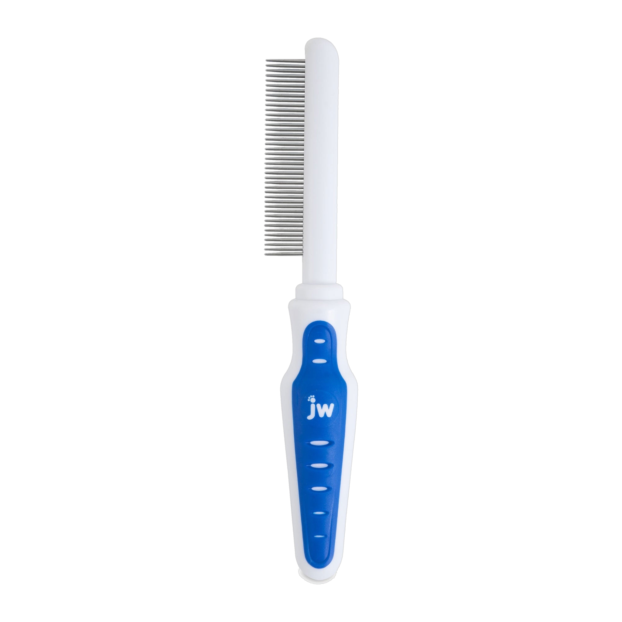 The JW Gripsoft Cat Comb by JW Pet features metal teeth and a curved, ergonomic handle in blue and white—ideal for grooming cats and preventing hairballs.