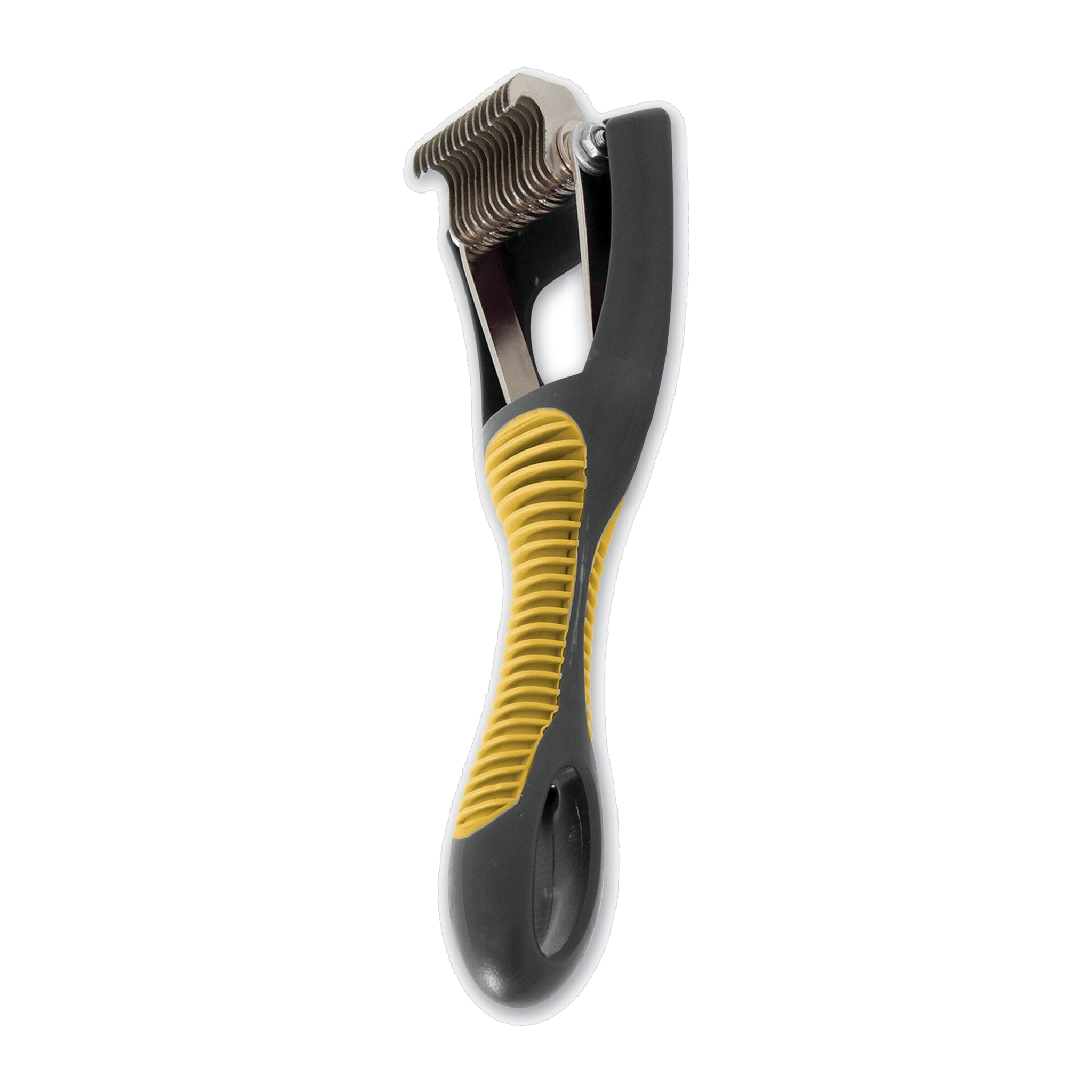 The JW Pet JW Gripsoft Cat Deshedding Tool features stainless steel blades and a curved handle in black and yellow, designed to remove loose fur and tangles from your cat’s coat.