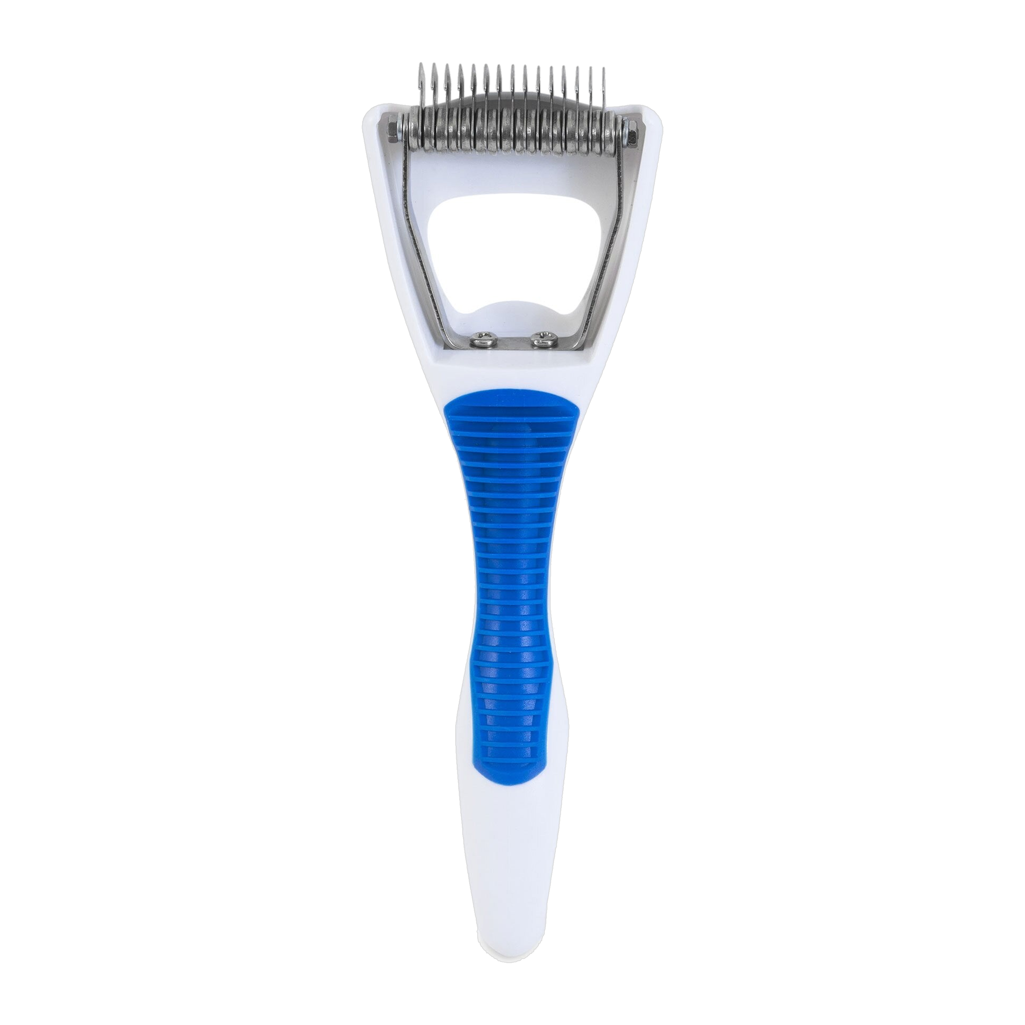 The JW Gripsoft Cat Deshedding Tool by JW Pet is a white and blue grooming tool with a handle and stainless steel blades, designed to remove loose fur and tangles from your cat's coat.