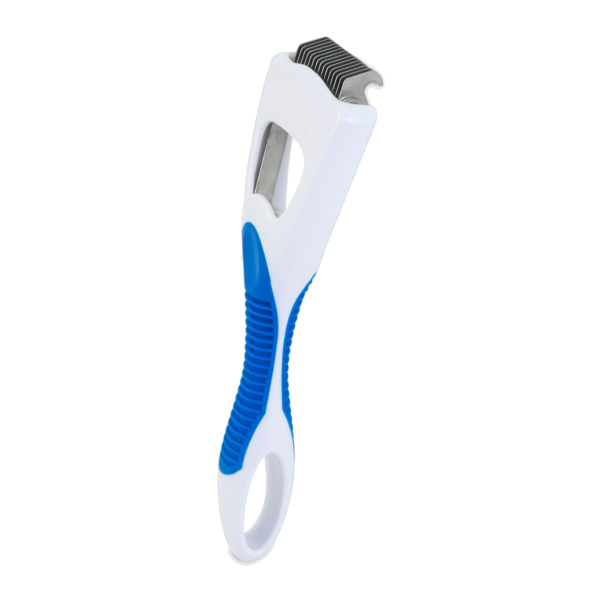 The JW Pet JW Gripsoft Cat Deshedding Tool features a white and blue design, a rubberized handle, and curved stainless steel blades to remove tangles and shedding fur from cats.