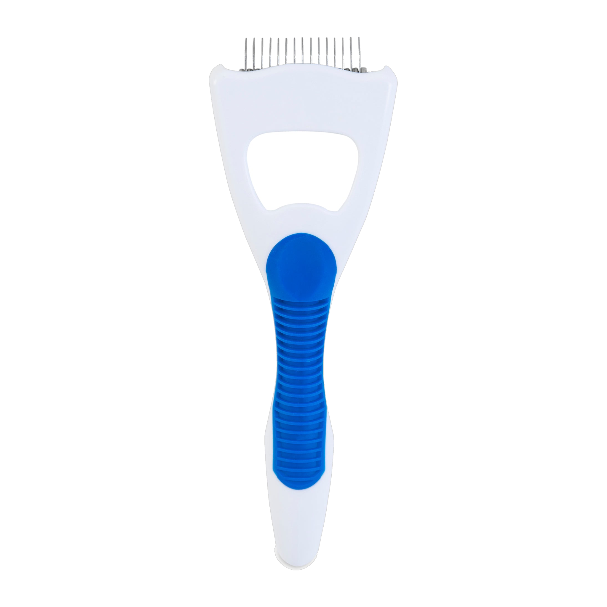 The JW Pet JW Gripsoft Cat Deshedding Tool is a white and blue grooming tool with a wide handle and stainless steel blades, designed to remove loose fur and tangles from your cat’s coat.