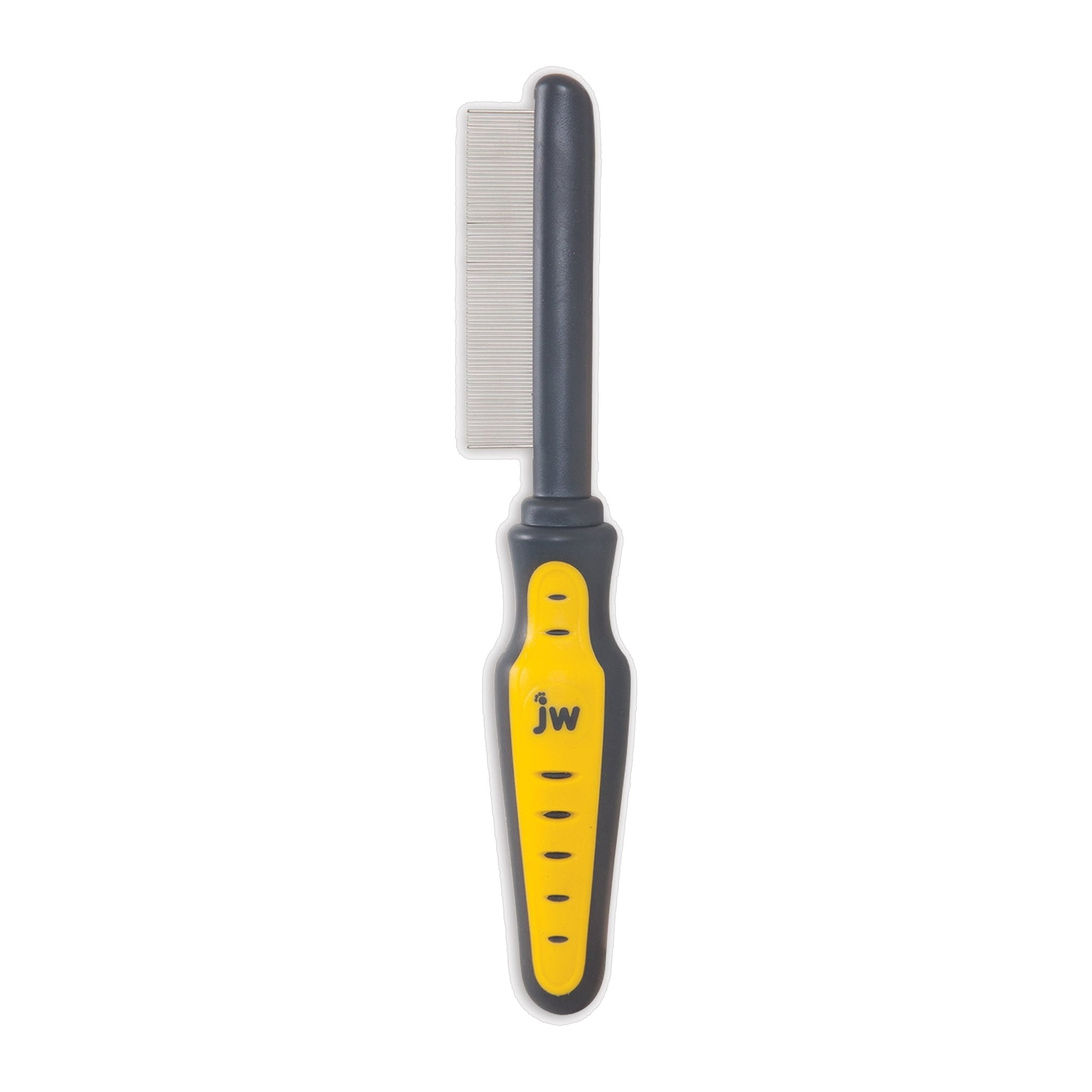 The JW Pet JW Gripsoft Flea Comb features an ergonomic handle and fine metal teeth in yellow and black, ideal for removing fleas and tangles from your pet's fur.