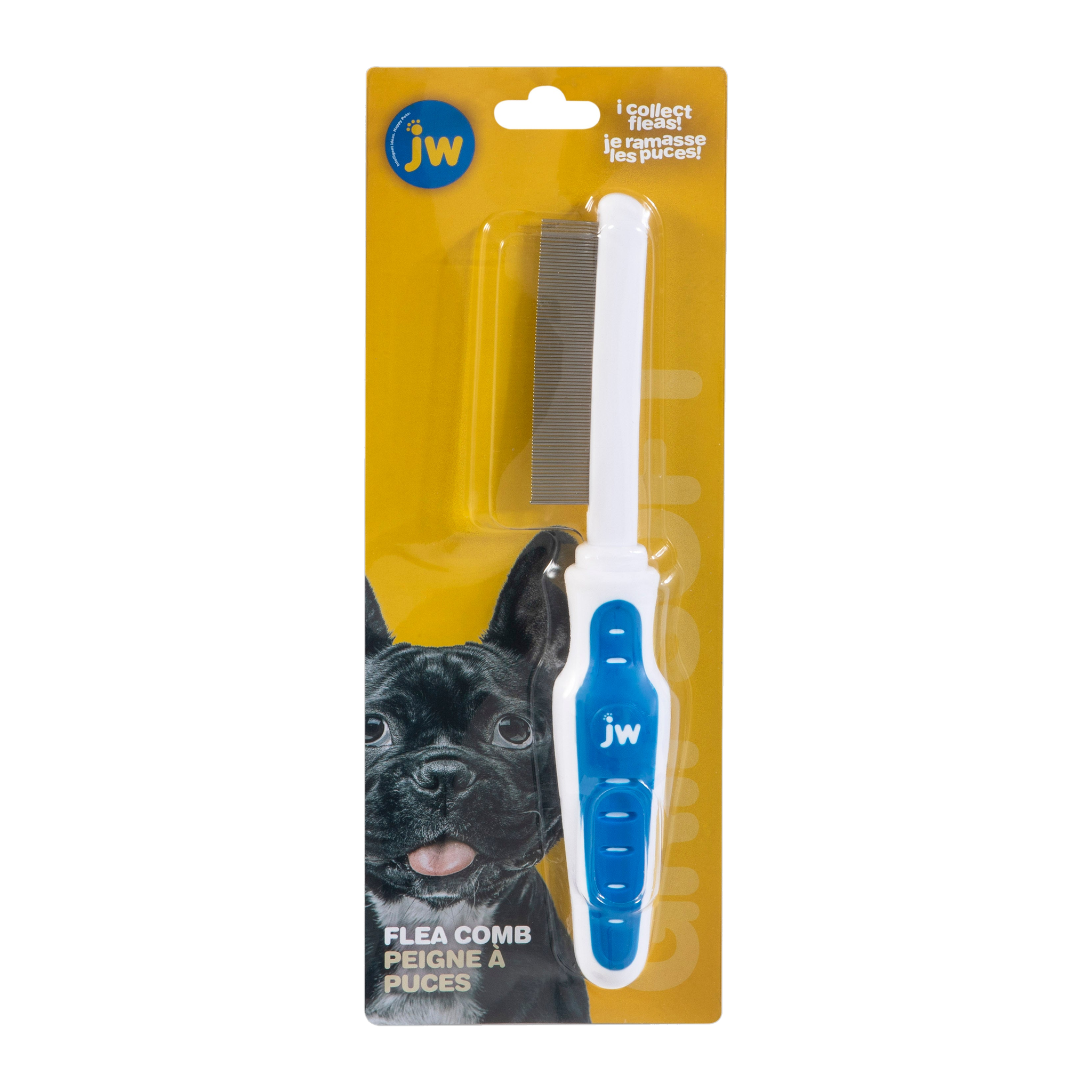 The JW Pet Gripsoft Flea Comb comes in blue and white packaging with a photo of a French Bulldog. It features fine metal teeth, an ergonomic handle, and bilingual English/French text, making it ideal for pet grooming.