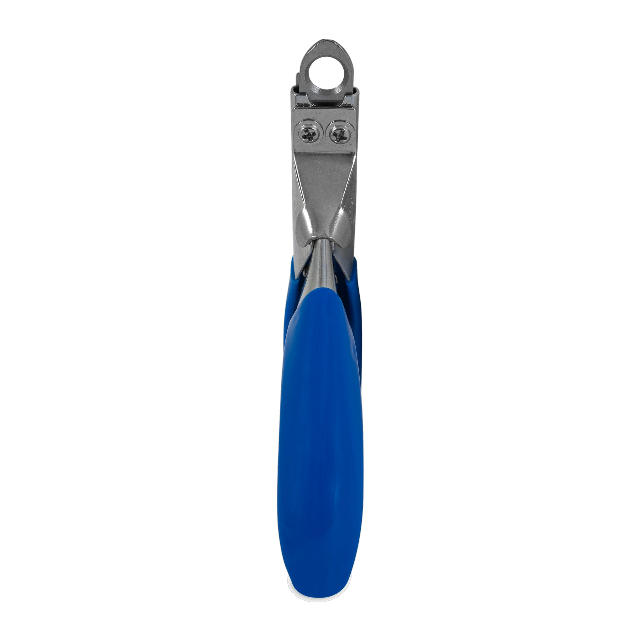 The JW Gripsoft Pet Nail Trimmer by JW Pet is a guillotine-style tool with blue ergonomic handles, shown upright from the front, highlighting its metal cutting edges and screw joints at the top.