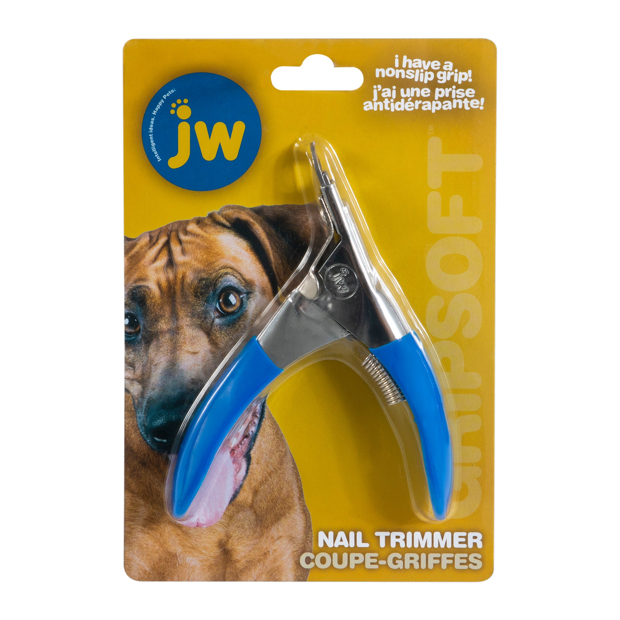 A JW Pet Gripsoft Pet Nail Trimmer package shows a blue and silver guillotine-style trimmer with ergonomic handle on a yellow background, plus a brown dog photo and product details in English and French.