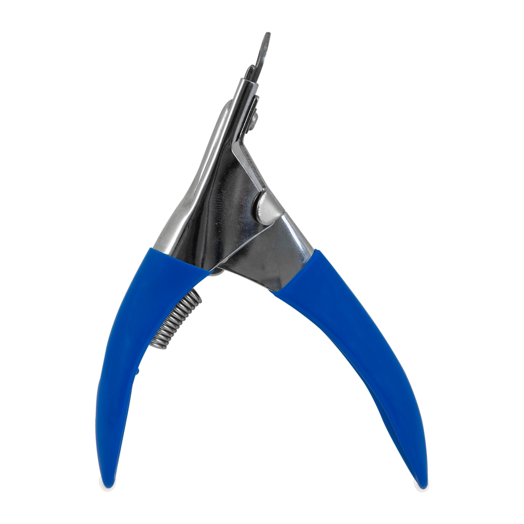 The JW Gripsoft Pet Nail Trimmer by JW Pet is a metal guillotine-style tool with blue rubber-coated ergonomic handles, partially open, made for trimming pet nails or claws.