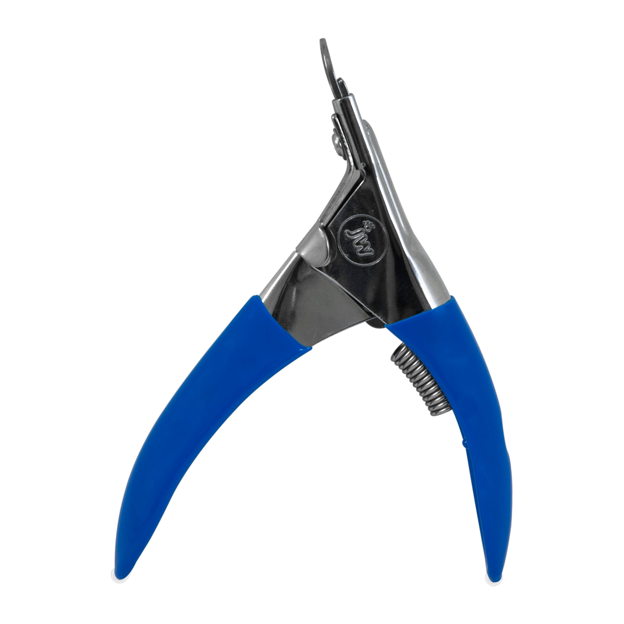 The JW Gripsoft Pet Nail Trimmer by JW Pet is a silver guillotine-style trimmer with blue ergonomic handles and a spring mechanism, shown upright against a white background.
