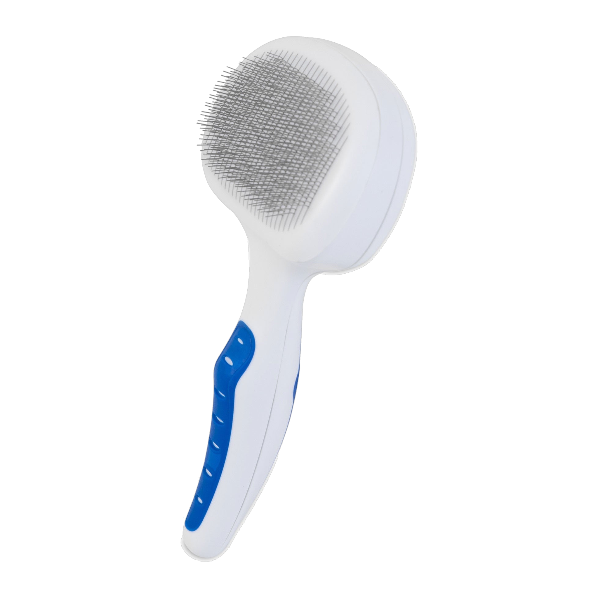 The JW Pet JW Gripsoft Self-Cleaning Slicker Brush features a white rectangular head with fine metal bristles and a blue rubber grip handle, displayed against a plain white background.
