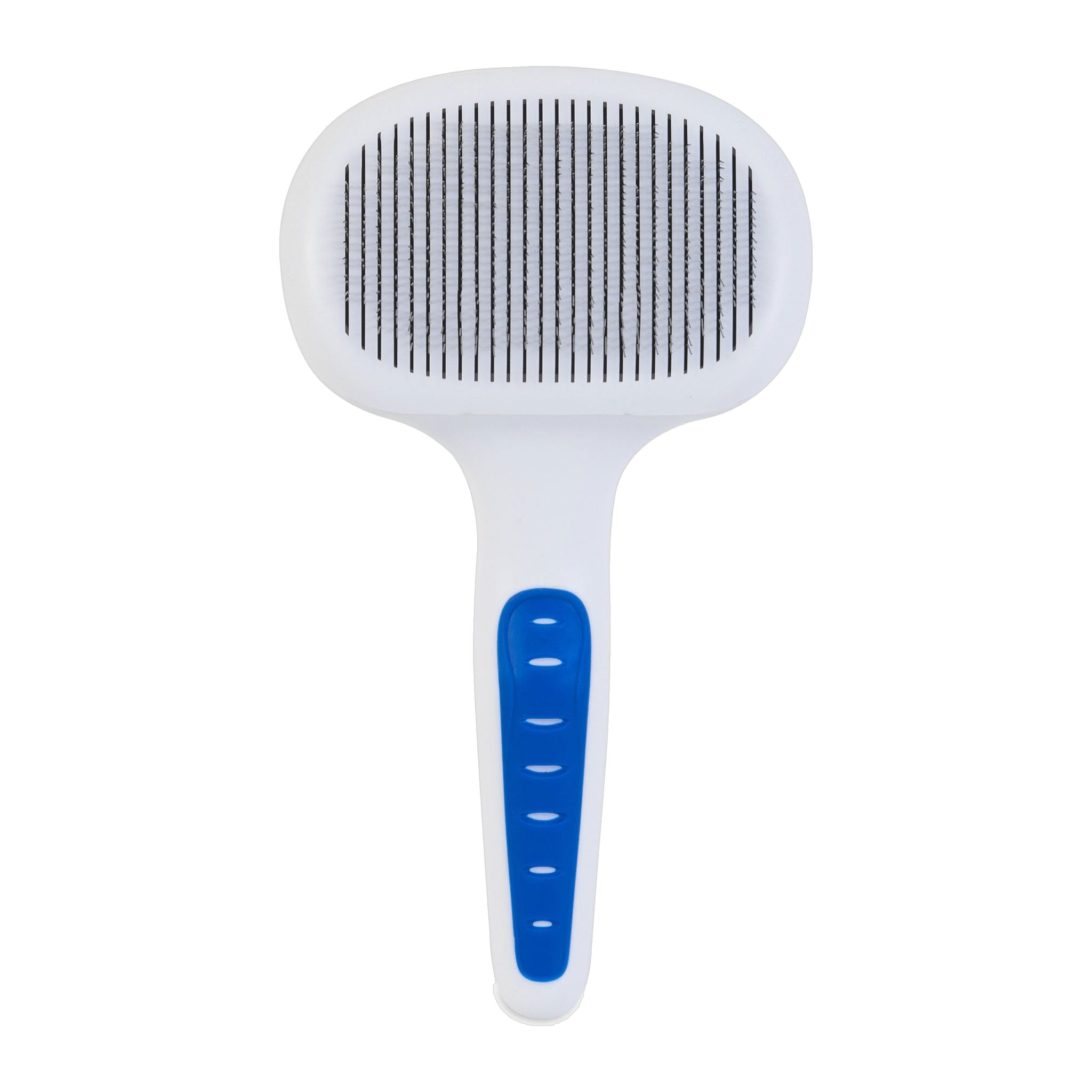 The JW Gripsoft Self-Cleaning Slicker Brush by JW Pet features a white body, blue rubber-grip handle, and fine metal bristles, shown against a plain white background.