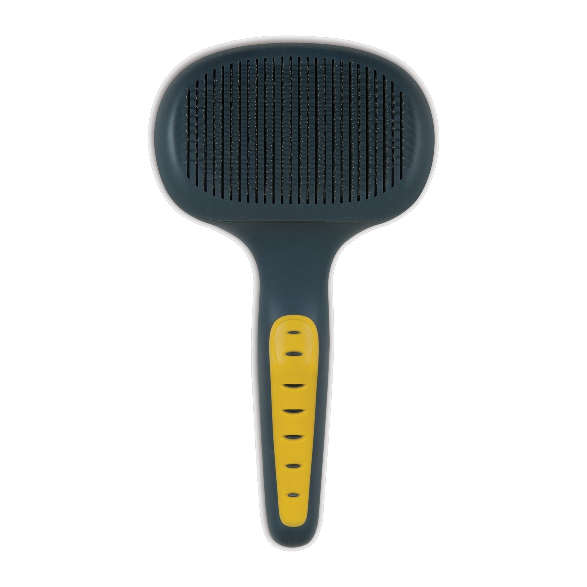 The JW Pet JW Gripsoft Self-Cleaning Slicker Brush features a wide, dark gray rectangular head with fine metal bristles and a yellow textured handle with grip holes, making it ideal for removing loose fur from pets.