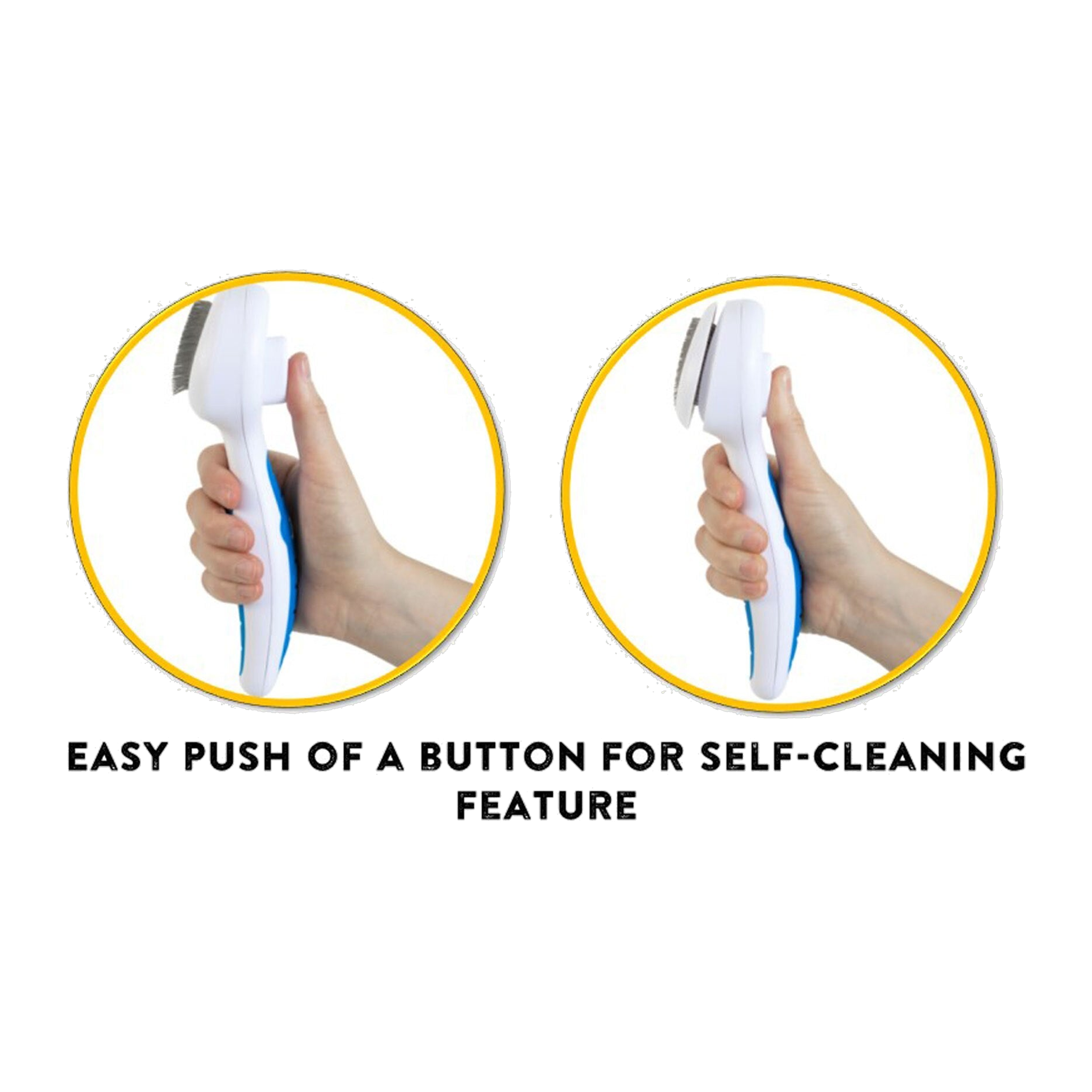 Two hands hold the JW Gripsoft Self-Cleaning Slicker Brush by JW Pet, showing the brush head before and after pressing the self-cleaning button. Text below reads: “Easy push of a button for self-cleaning feature.”.