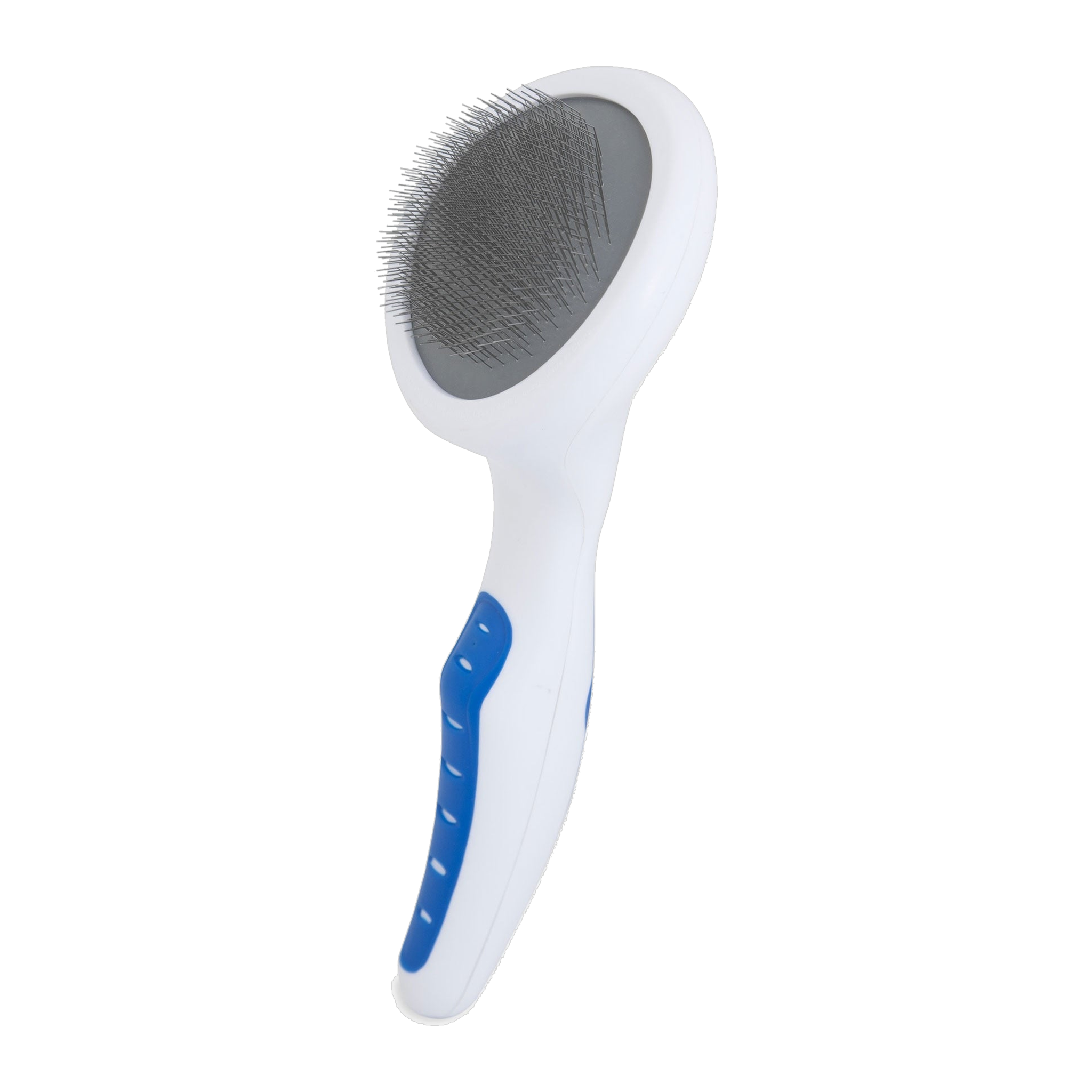 The JW Pet JW Gripsoft Slicker Brush With Soft Pins features an oval head with fine metal bristles and a curved handle, ideal for gently grooming pets with sensitive skin and removing loose fur.