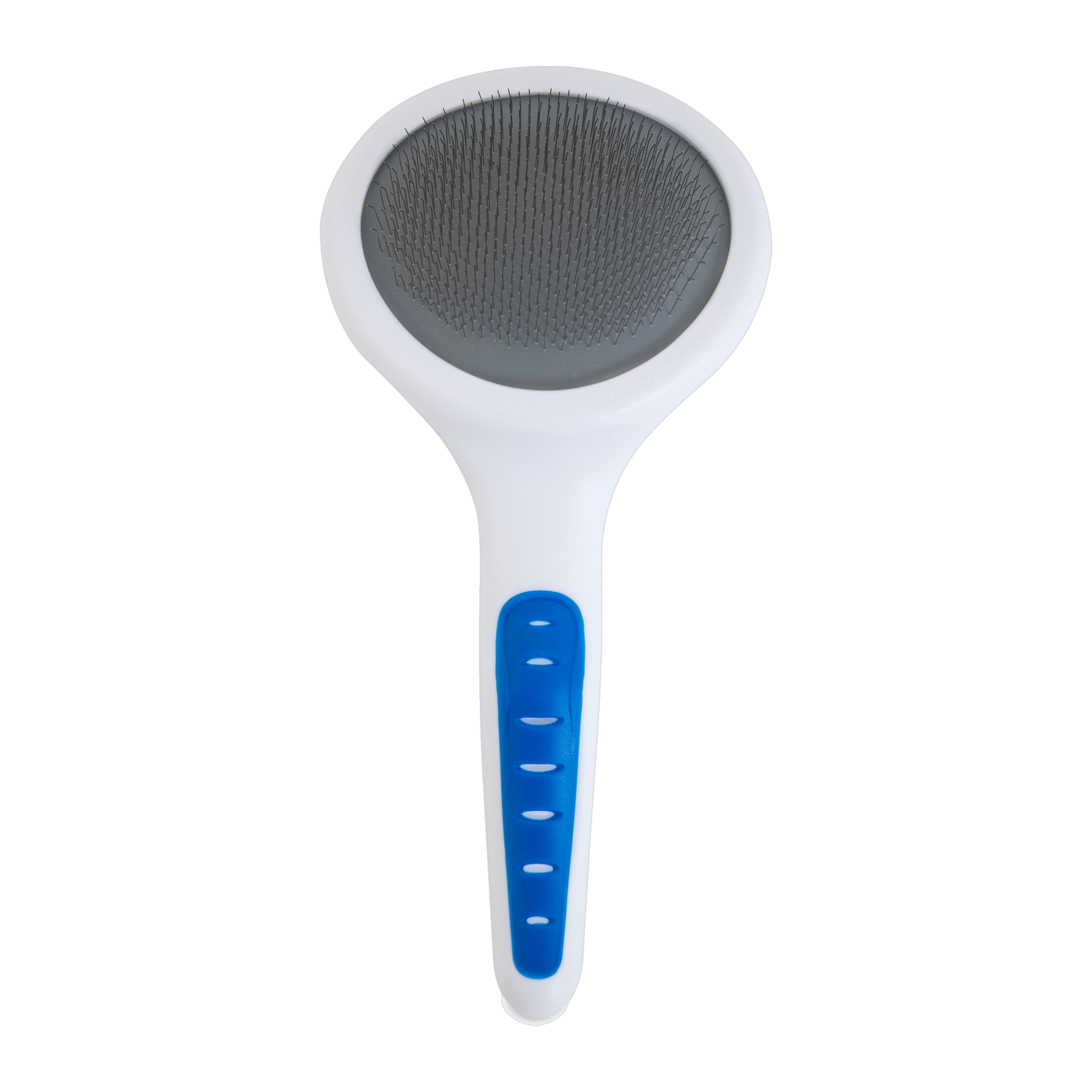 The JW Gripsoft Slicker Brush With Soft Pins by JW Pet features a large rectangular head with fine metal bristles, a curved handle, and blue grip—ideal for detangling fur and gentle on sensitive skin.