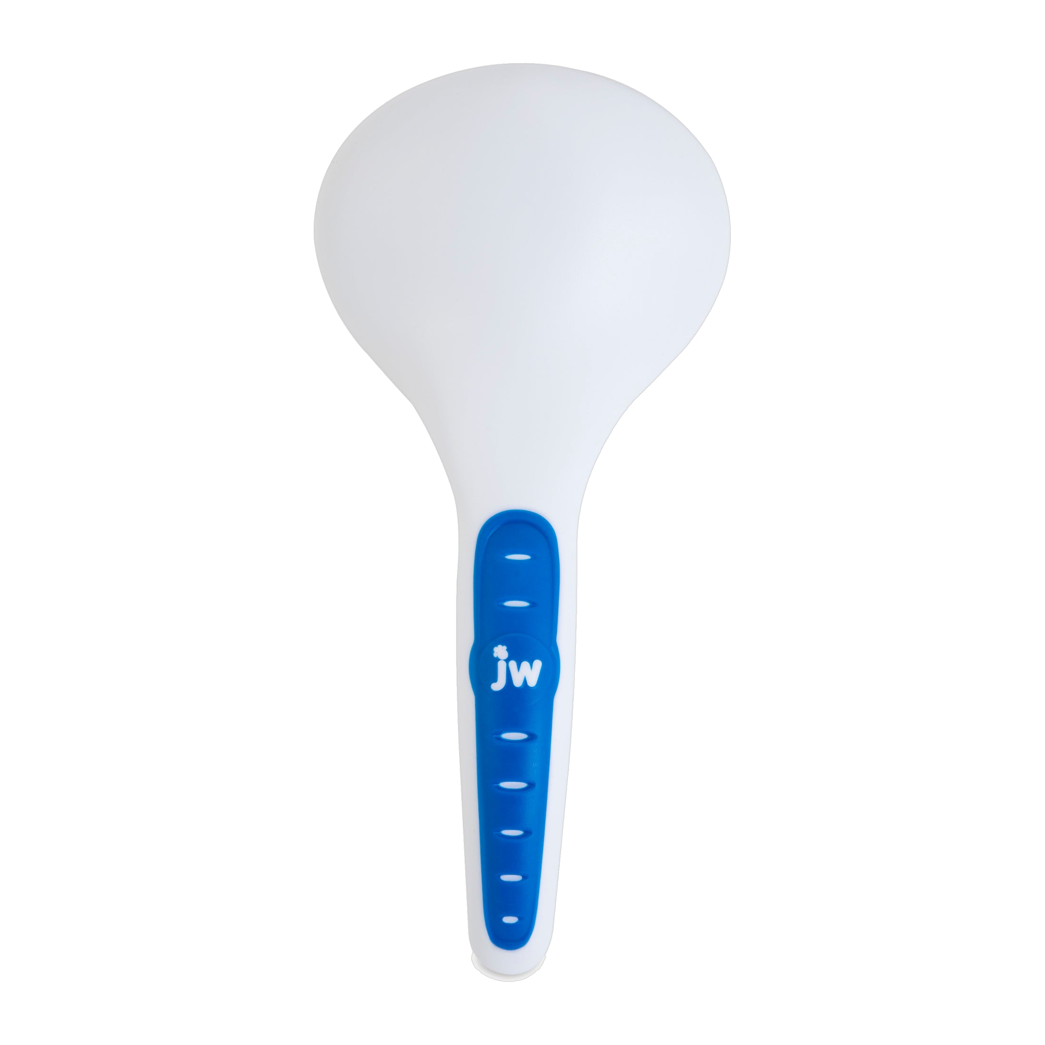 The JW Pet JW Gripsoft Slicker Brush with Soft Pins features a blue and white design with small handle slots, making it ideal for pet grooming routines or pets with sensitive skin.