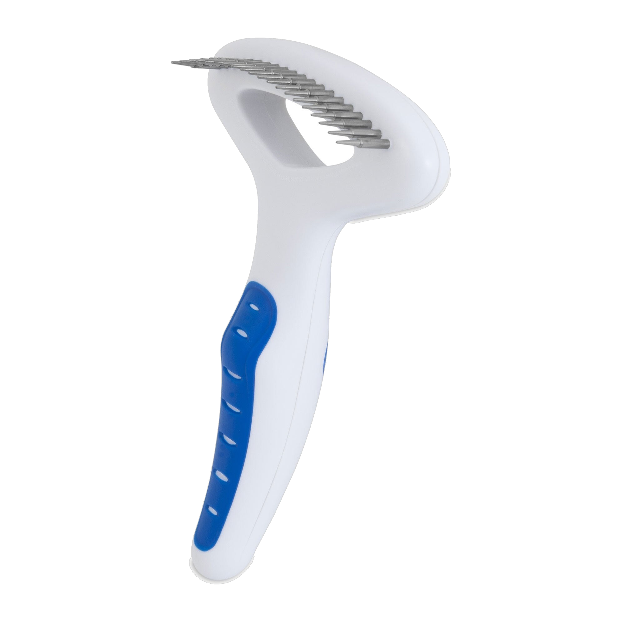 The JW Pet JW Gripsoft Undercoat Rake features a white handle, blue grip, and curved head with metal bristles—perfect for removing shedding hair and tangles from your dog’s coat.