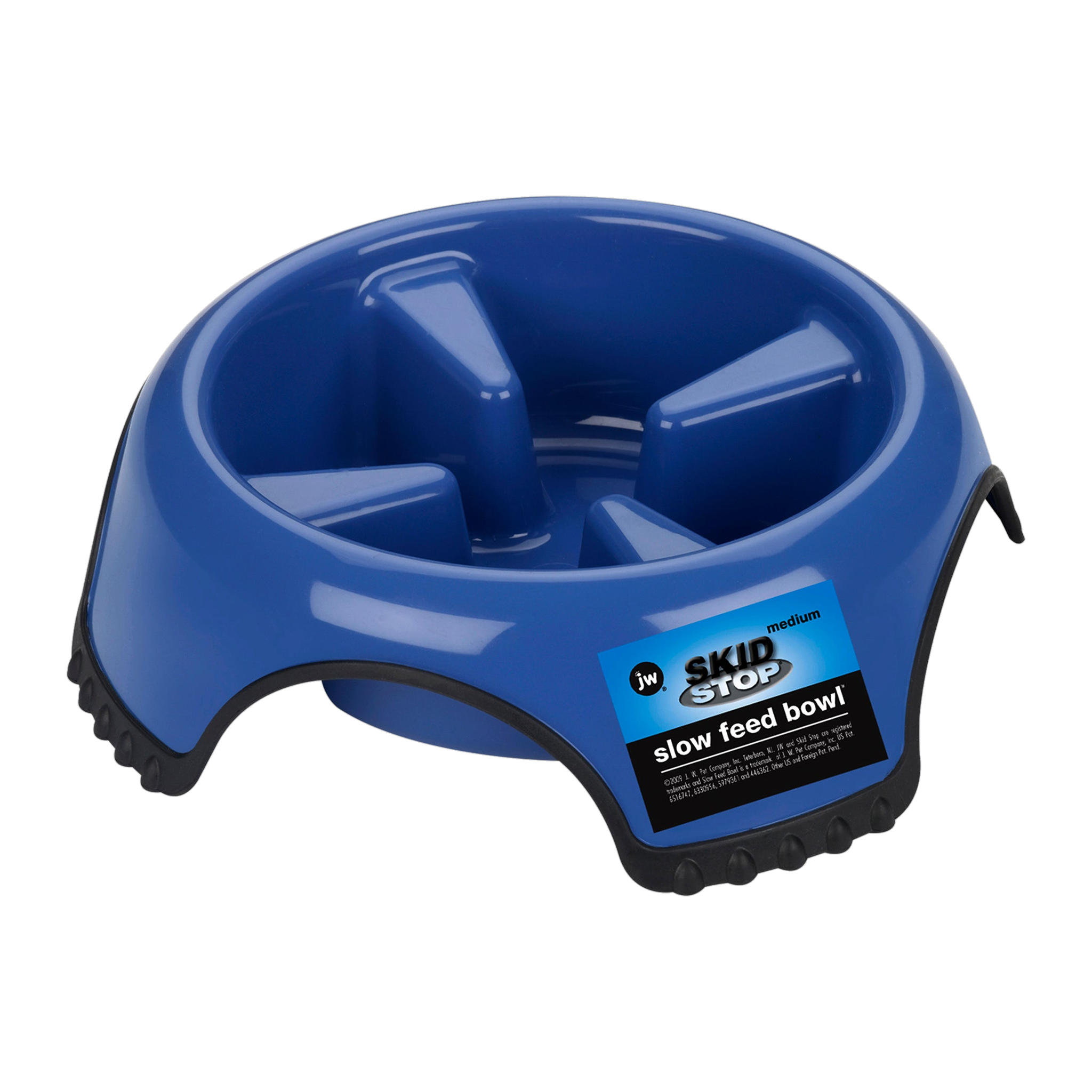 JW Skid Stop Slow Feed Bowl in blue with retail label, showing the slow-feed fins and rubber Skid Stop base