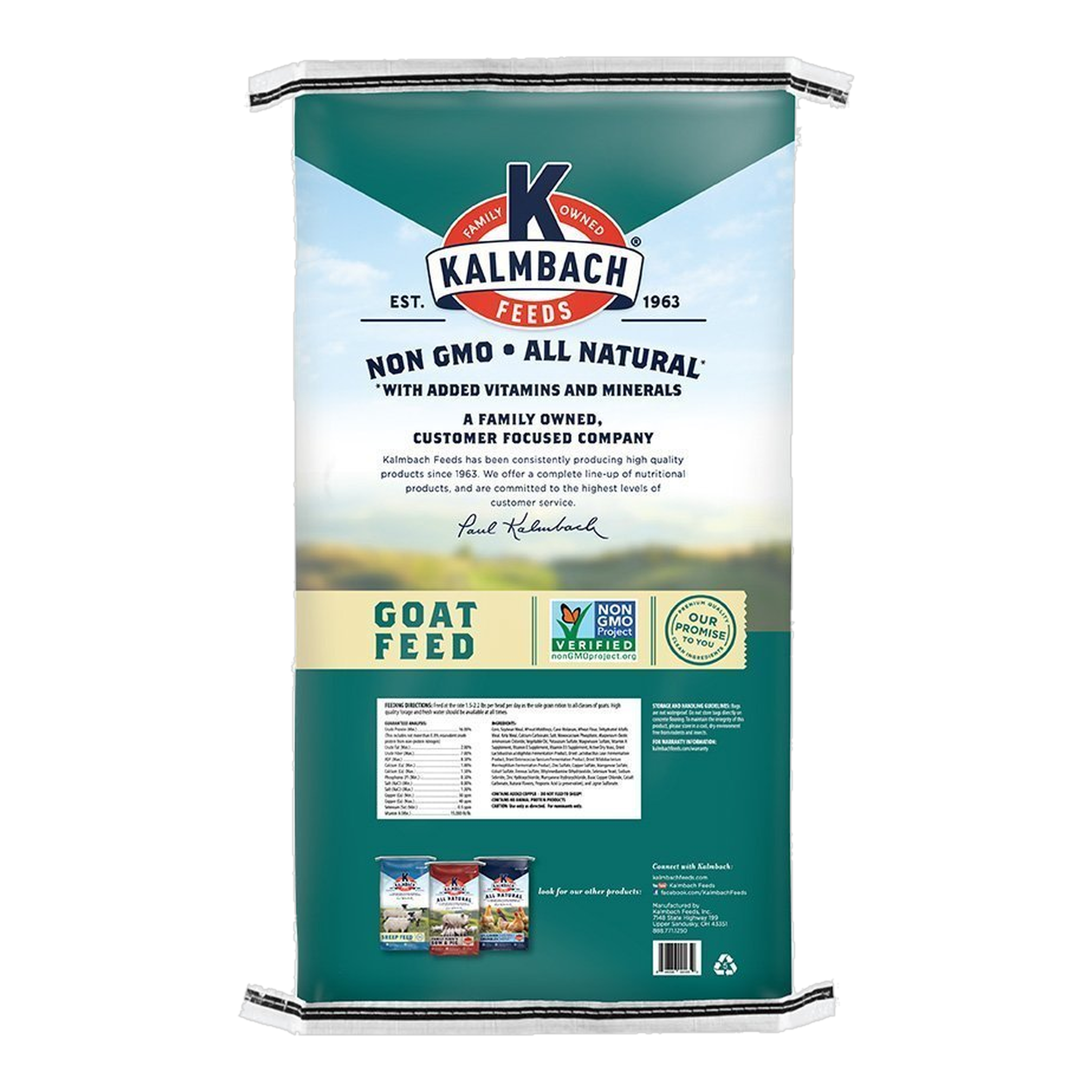 Kalmbach Feeds 16% Goat Pellet Non-GMO 50 lb bag back with feeding directions and guaranteed analysis #50 lb