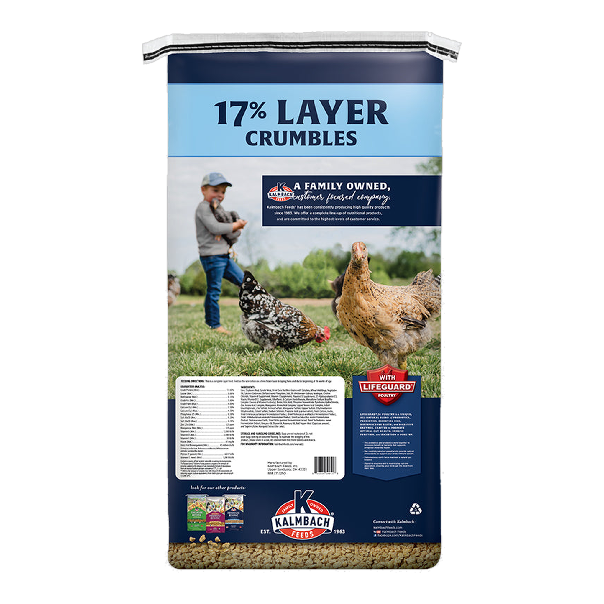 Kalmbach Feeds 17% All Natural Layer Crumbles 50 lb bag, back with feeding directions and guaranteed analysis #50 lb