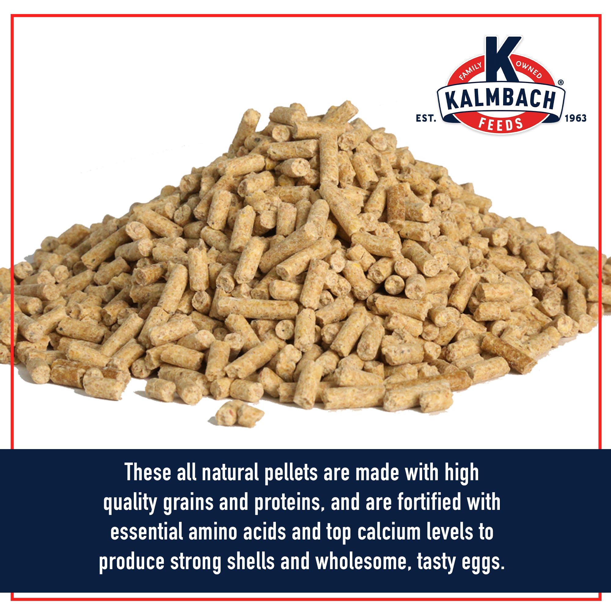 Close-up of Kalmbach 17% All Natural Layer Pellets made with high quality grains