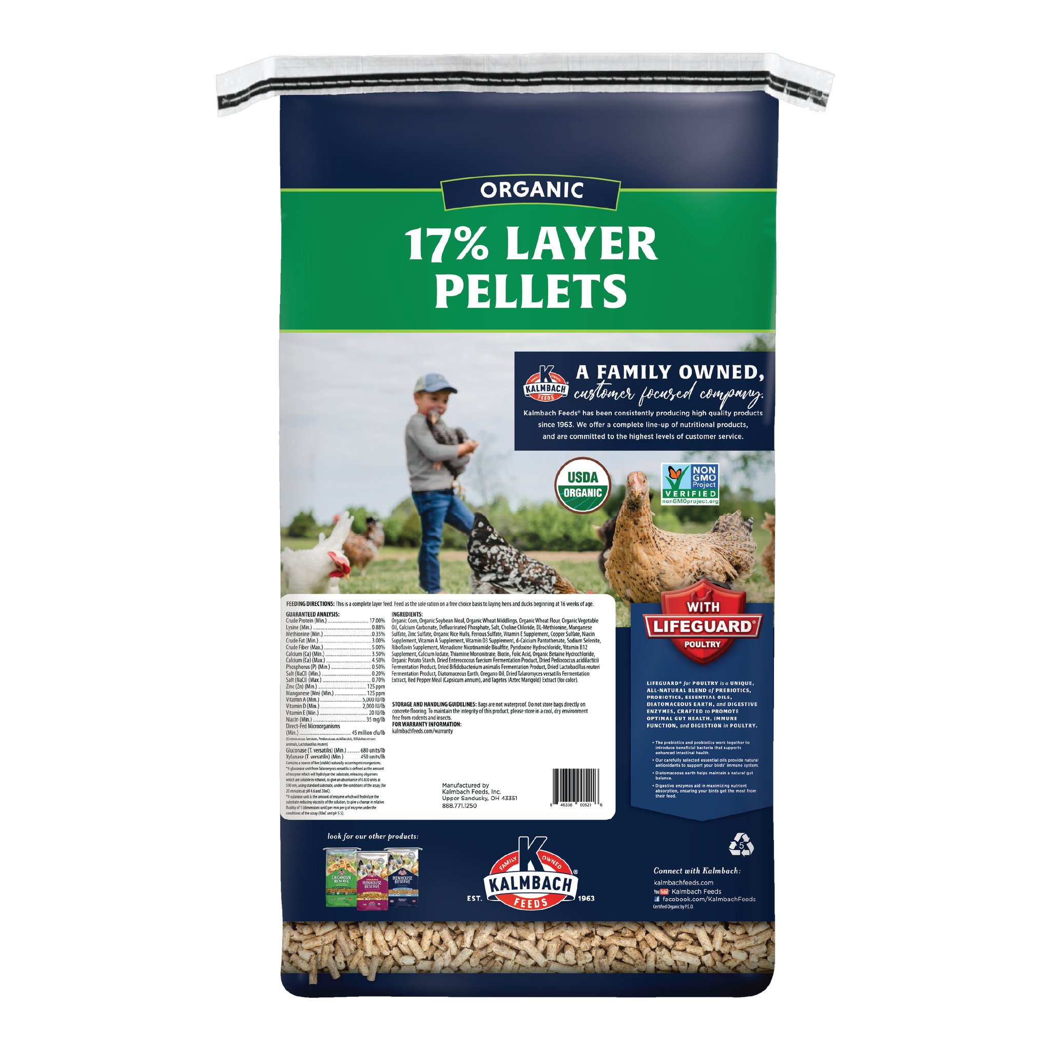 Kalmbach Feeds 17% Organic Layer Pellet 35 lb bag back with guaranteed analysis and feeding directions #35 lb