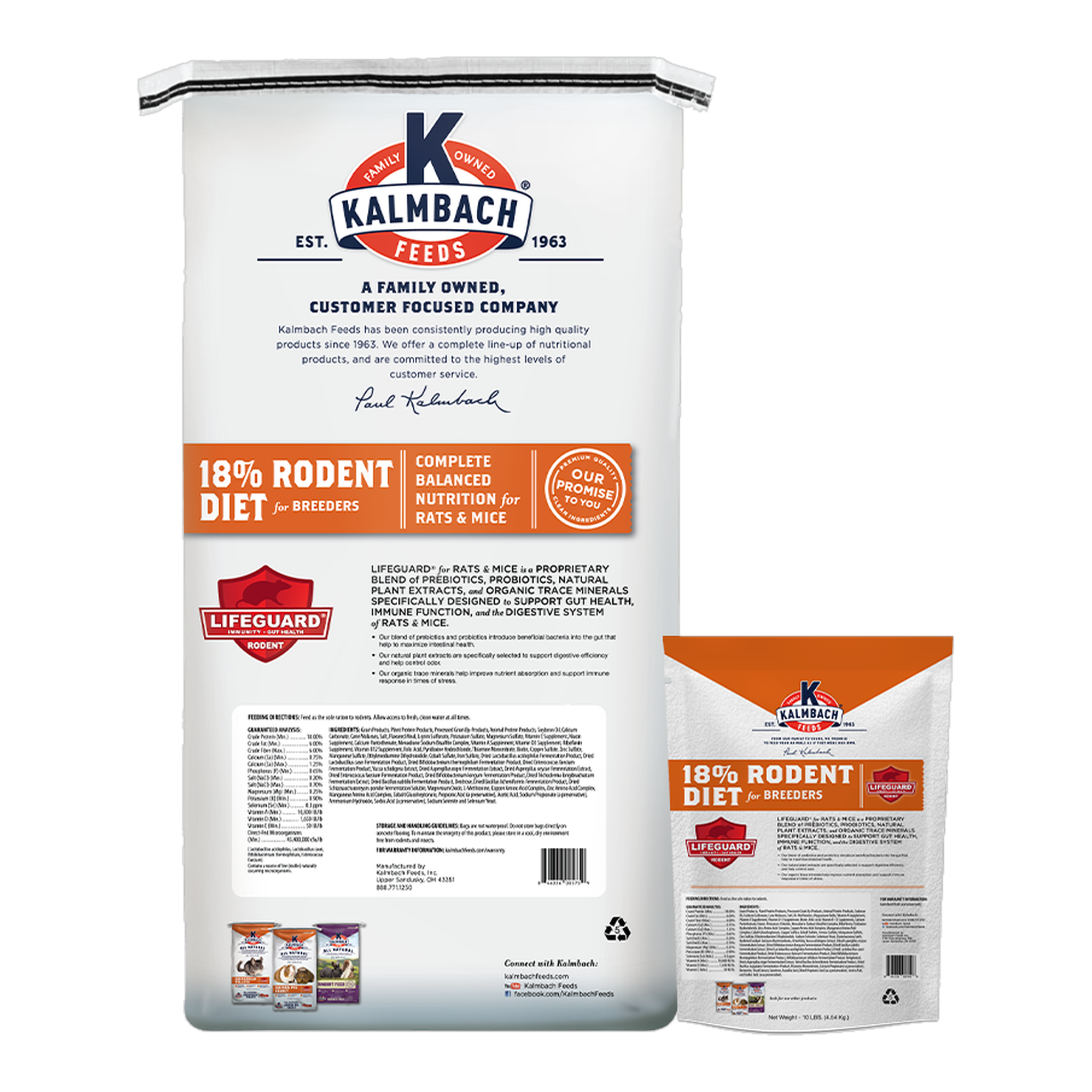 Kalmbach Feeds 18% Rodent Diet bag, back label with guaranteed analysis and ingredients #50 lb