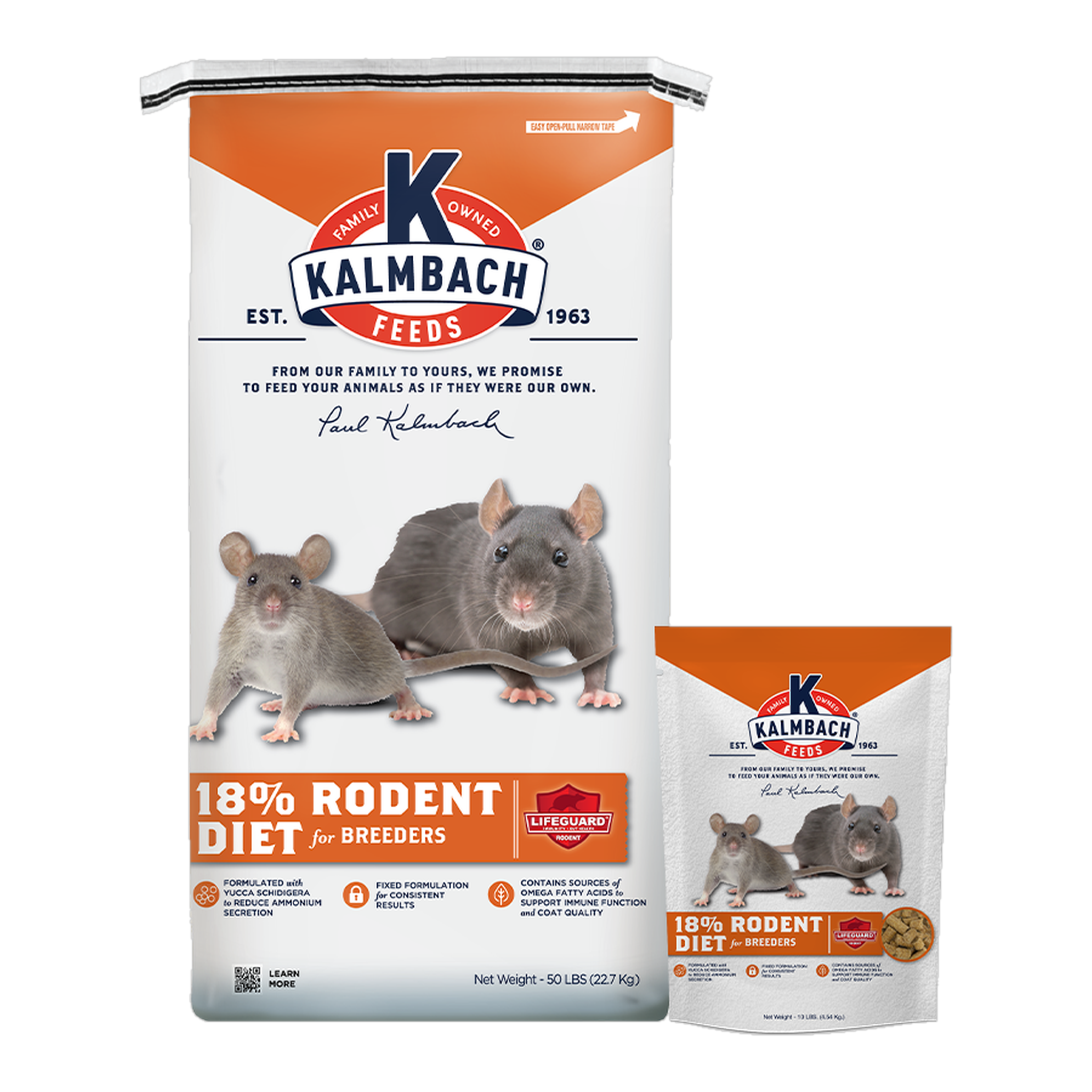 Kalmbach Feeds 18% Rodent Diet bag, front #50 lb