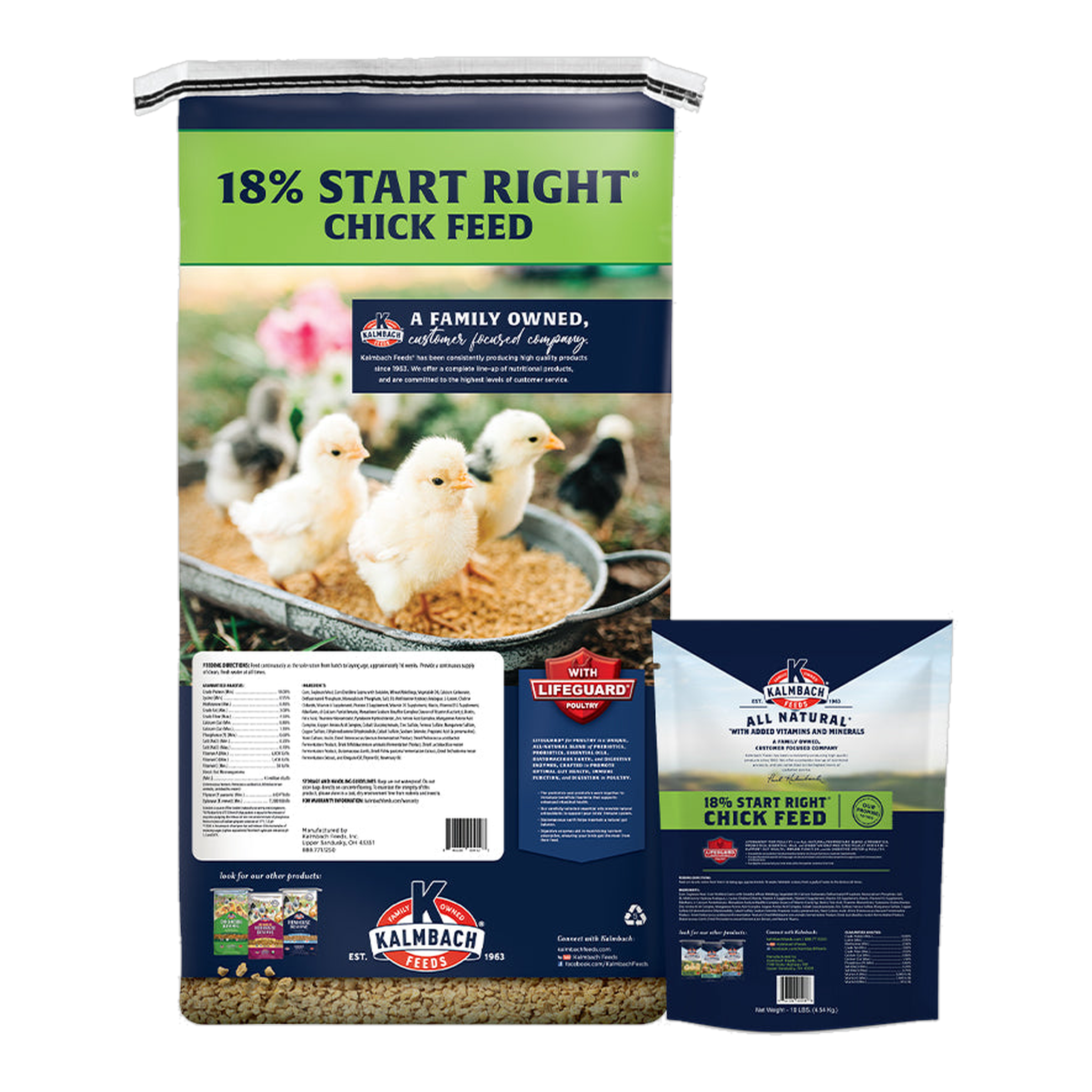 Kalmbach Feeds 18% Start Right Chick Feed bag back with feeding directions and guaranteed analysis #50 lb