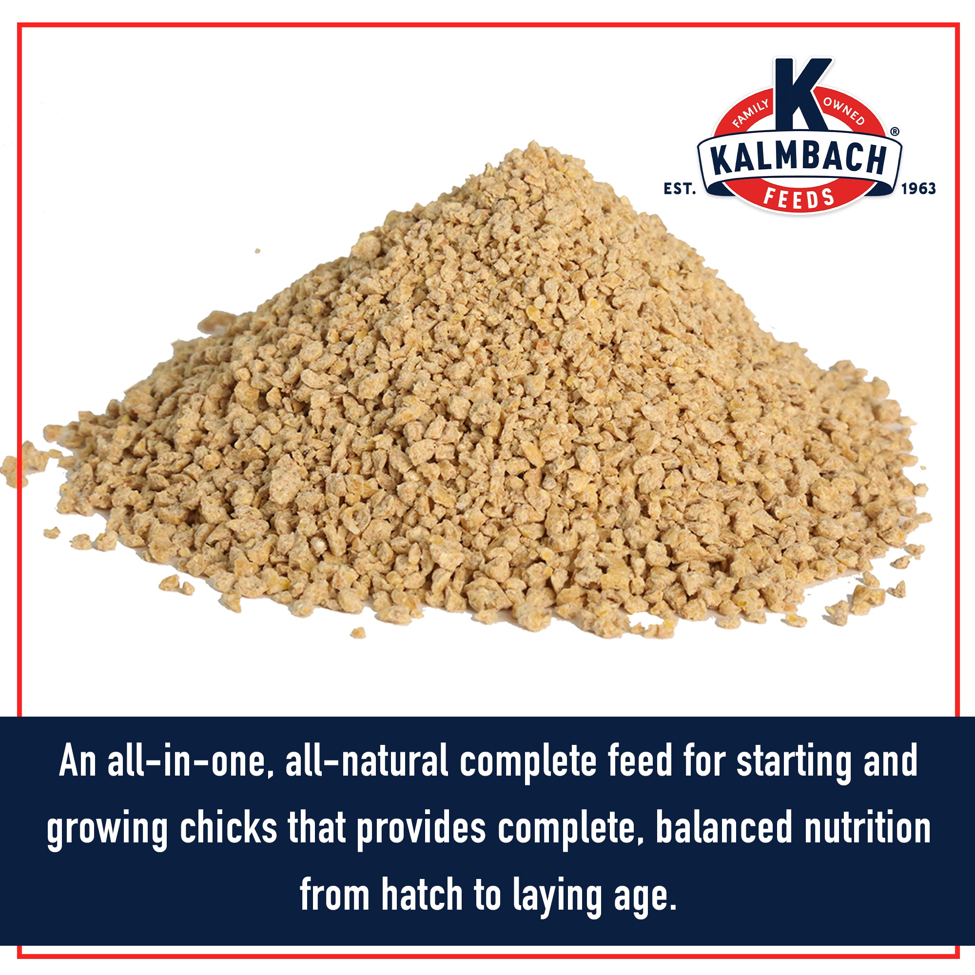 Close-up of Kalmbach 18% Start Right Chick Feed crumble texture