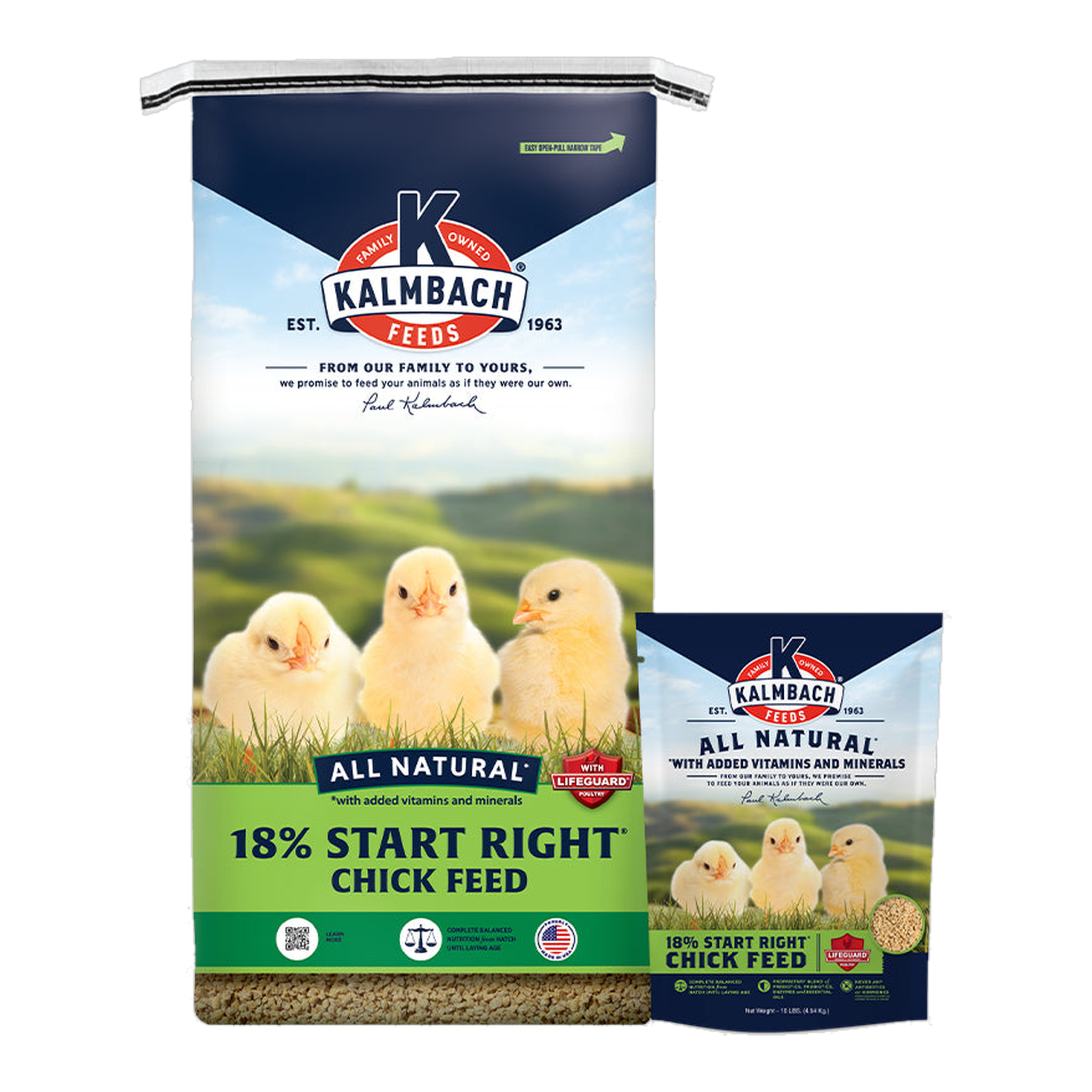 Kalmbach Feeds 18% Start Right Chick Feed 50 lb bag and 10 lb bag front #50 lb