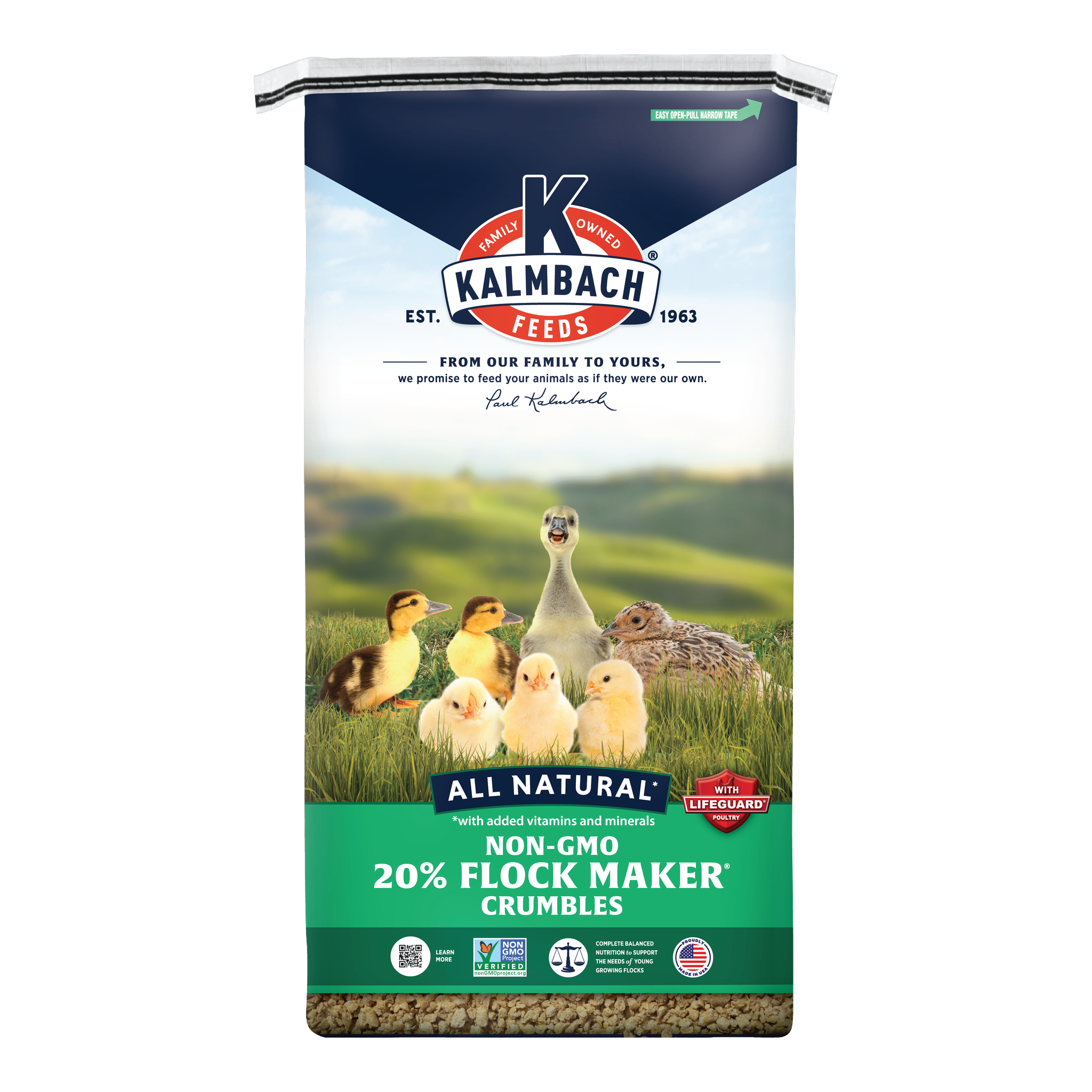 Kalmbach Feeds 20% Flock Maker Non-GMO Crumble 50 lb bag front #50 lb