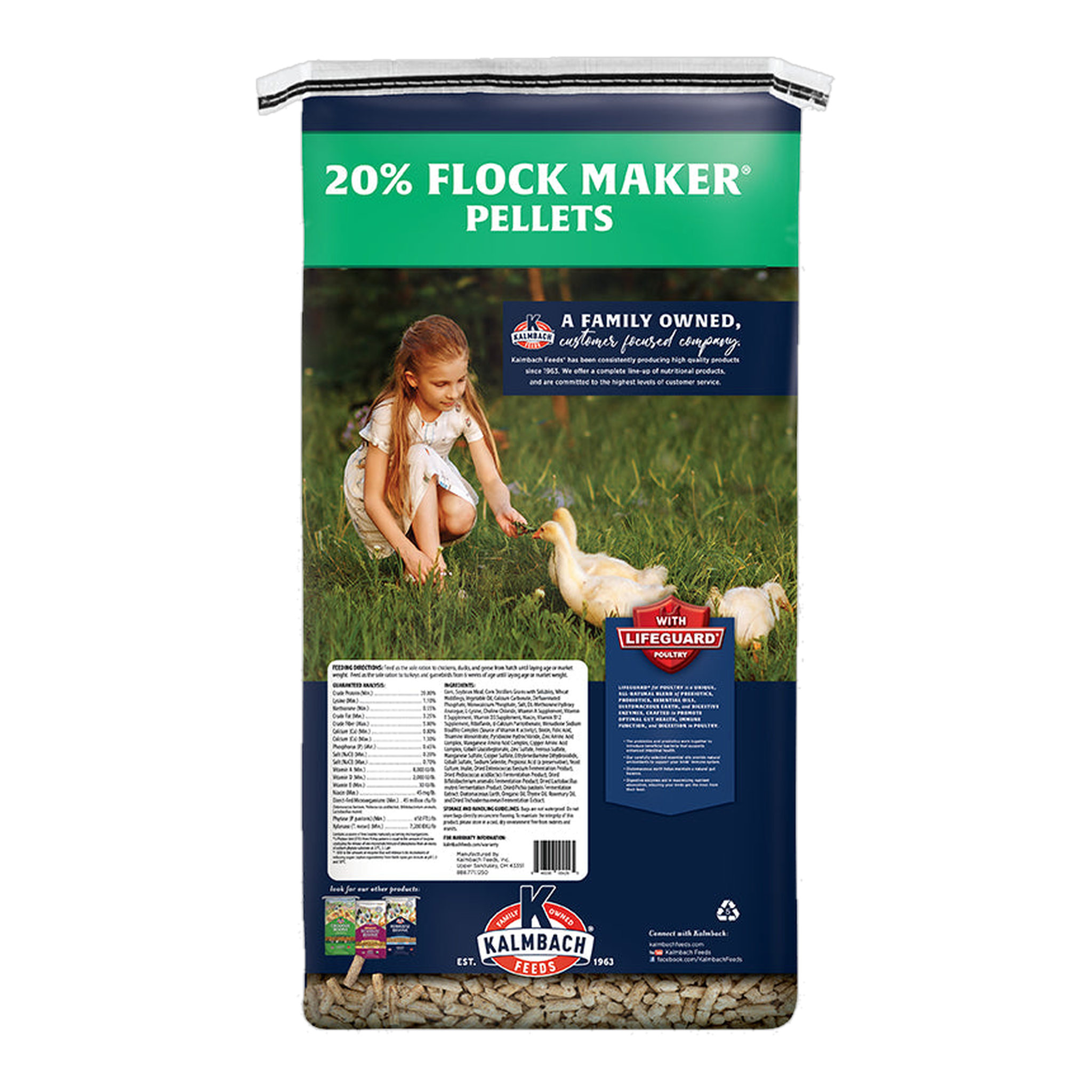 Kalmbach Feeds 20% Flock Maker Pellet 50 lb bag back with feeding directions and guaranteed analysis #50 lb