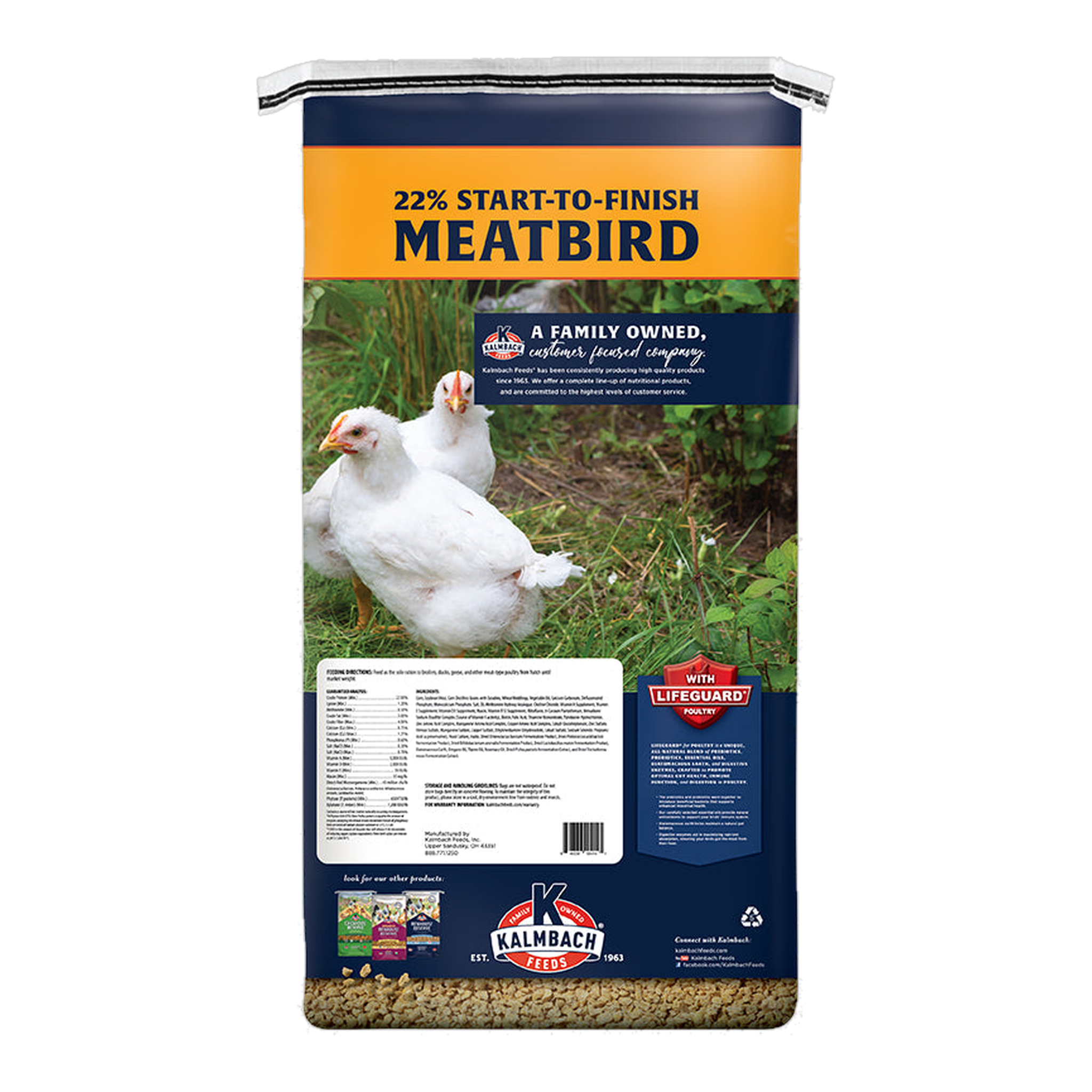 Kalmbach Feeds 22% Start-To-Finish Meatbird Feed bag, back with guaranteed analysis and ingredients