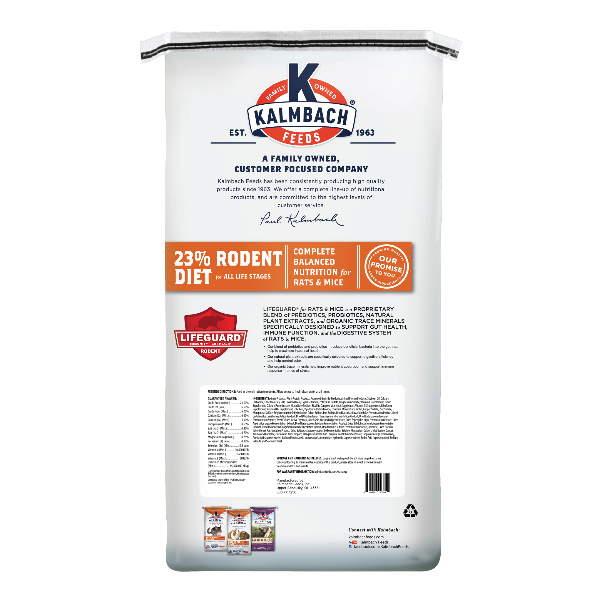 Kalmbach Feeds 23% Rodent Diet 50 lb bag, back with guaranteed analysis and ingredients #50 lb