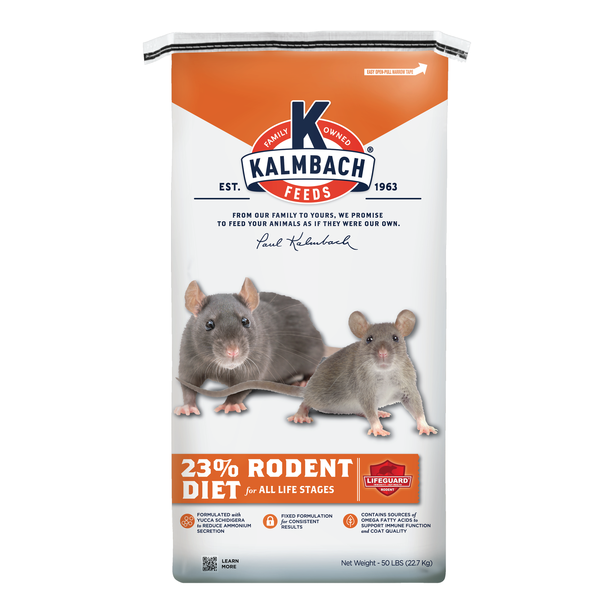 Kalmbach Feeds 23% Rodent Diet 50 lb bag, front #50 lb