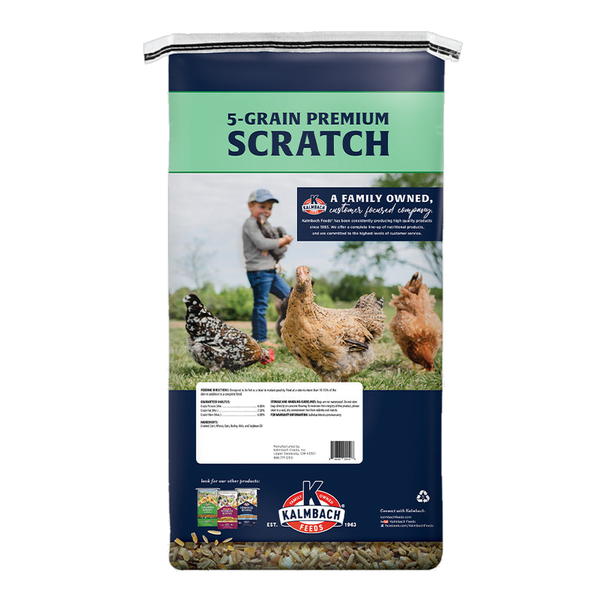 Kalmbach 5-Grain Premium Scratch bag back with feeding directions and guaranteed analysis #50 lb