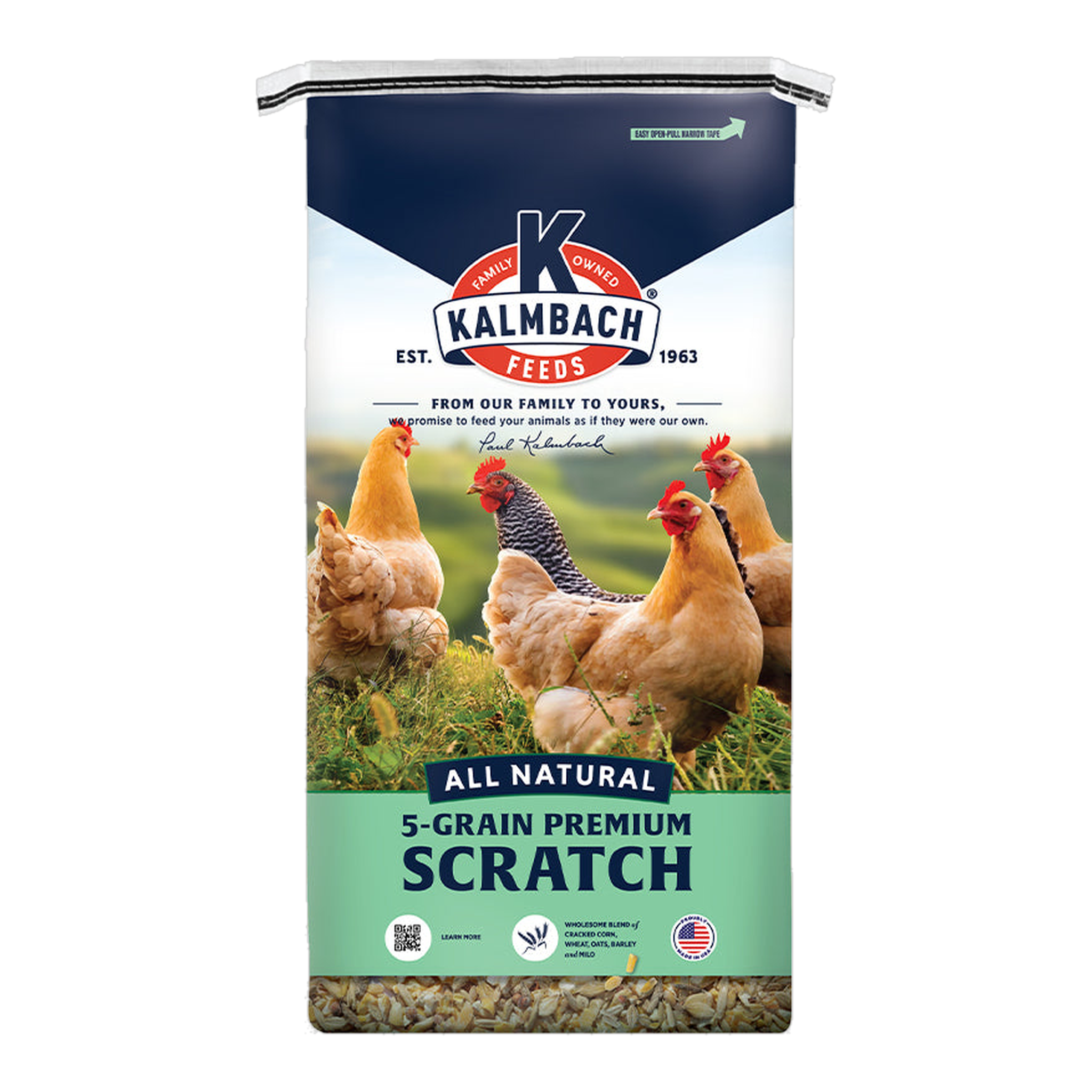 Kalmbach Feeds All Natural 5-Grain Premium Scratch Grain 50 lb bag front #50 lb